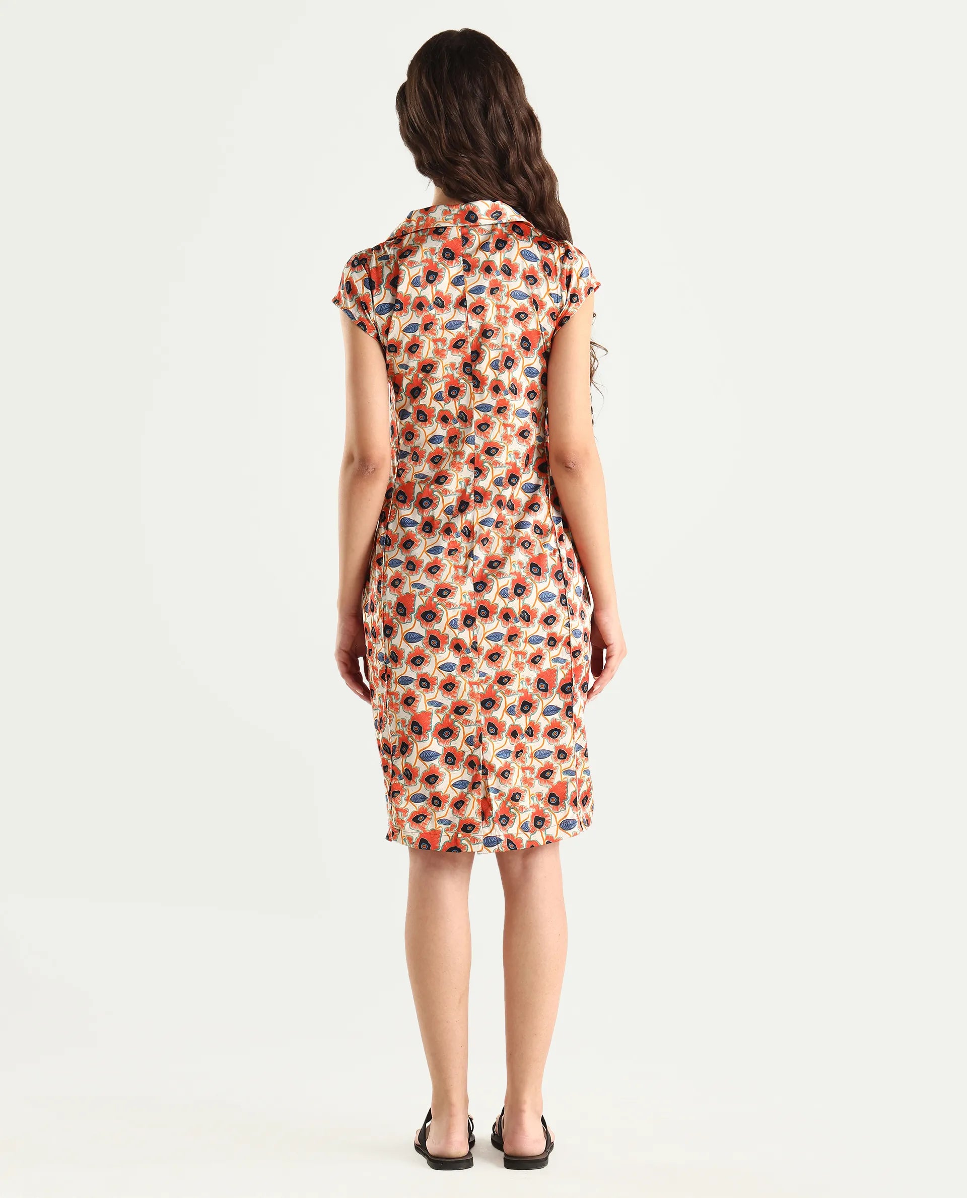 Rareism Women's Orleans Beige V-Neck Abstract Print Extended Sleeves Knee Length Regular Fit Dress