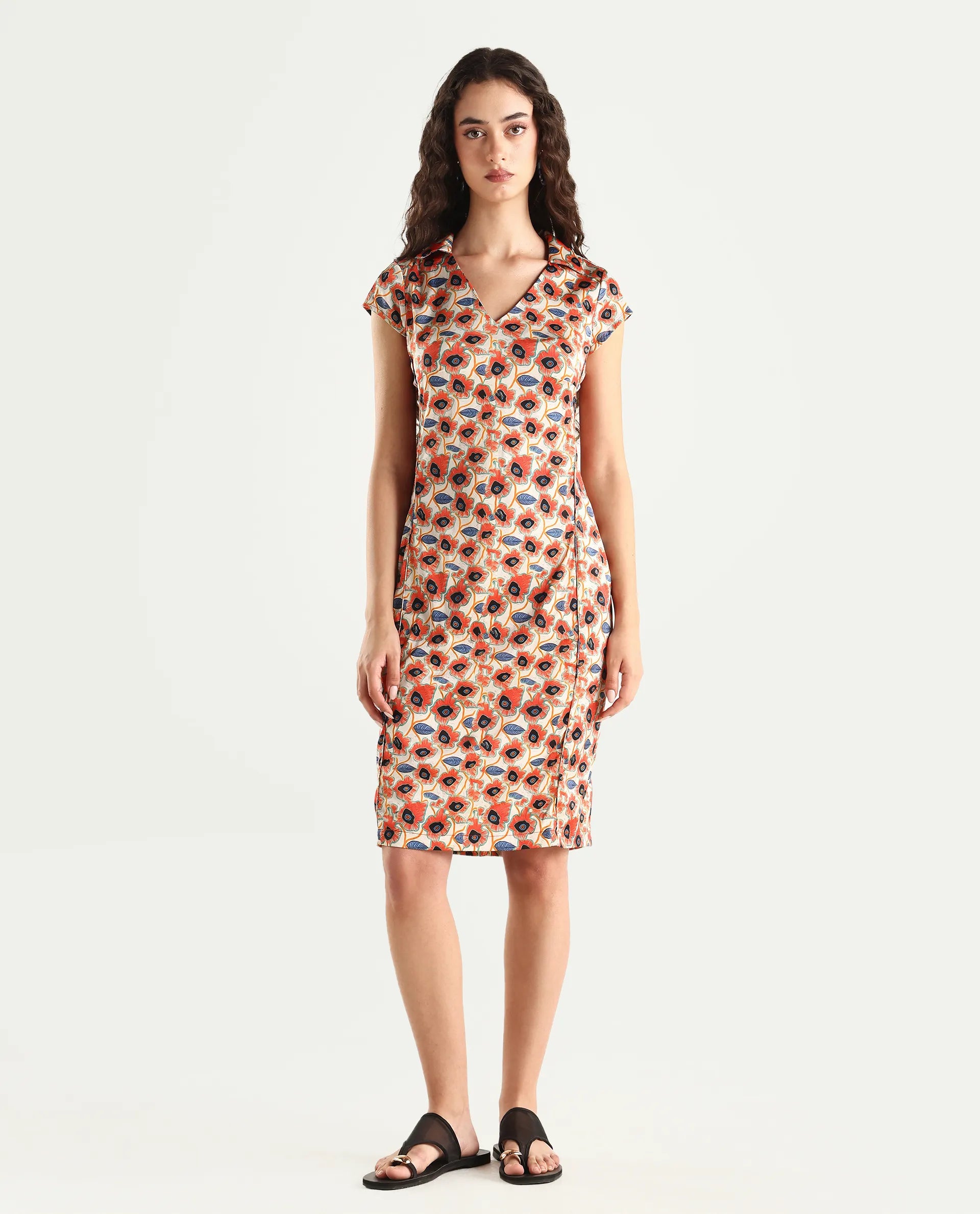 Rareism Women's Orleans Beige V-Neck Abstract Print Extended Sleeves Knee Length Regular Fit Dress