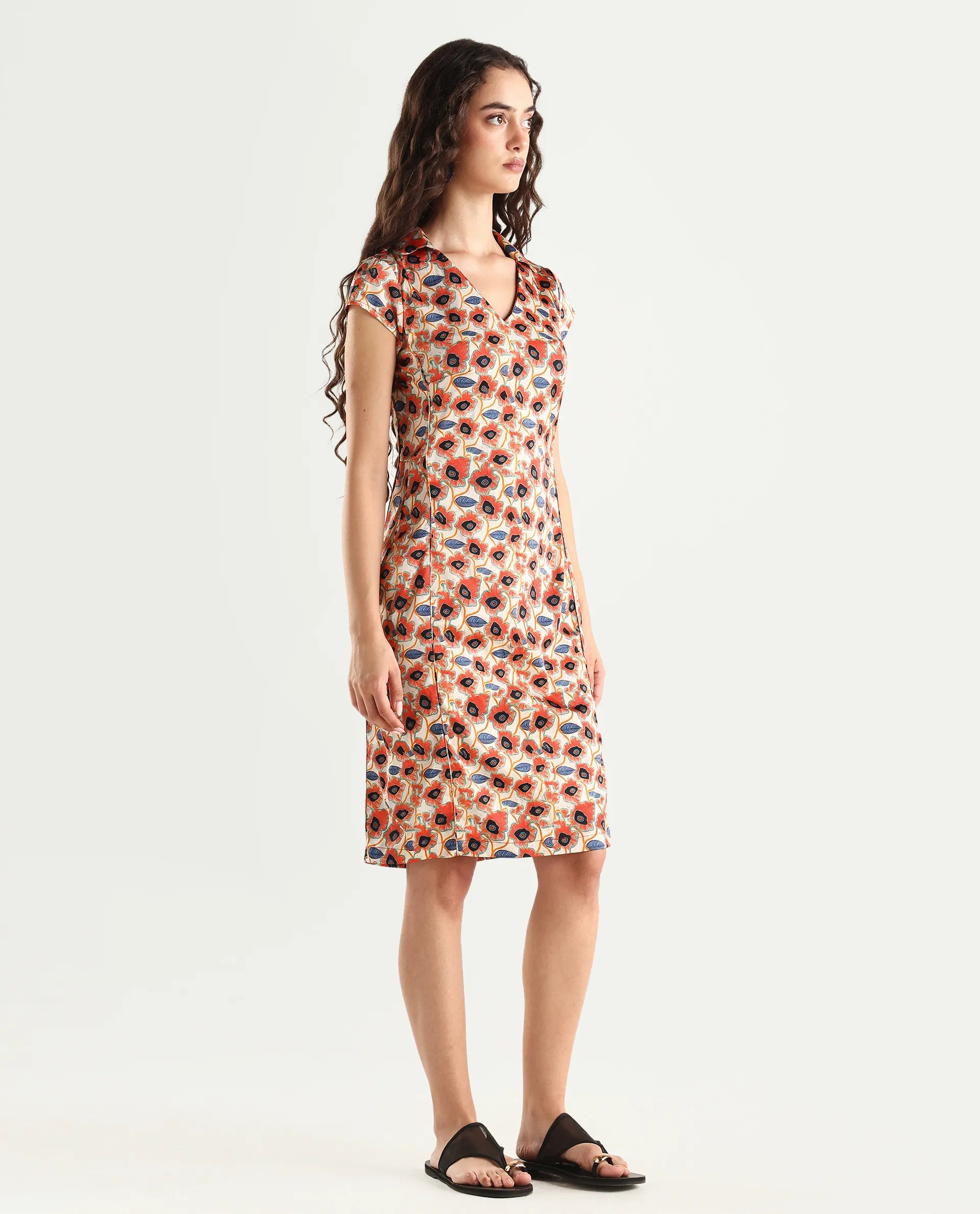 Rareism Women's Orleans Beige V-Neck Abstract Print Extended Sleeves Knee Length Regular Fit Dress