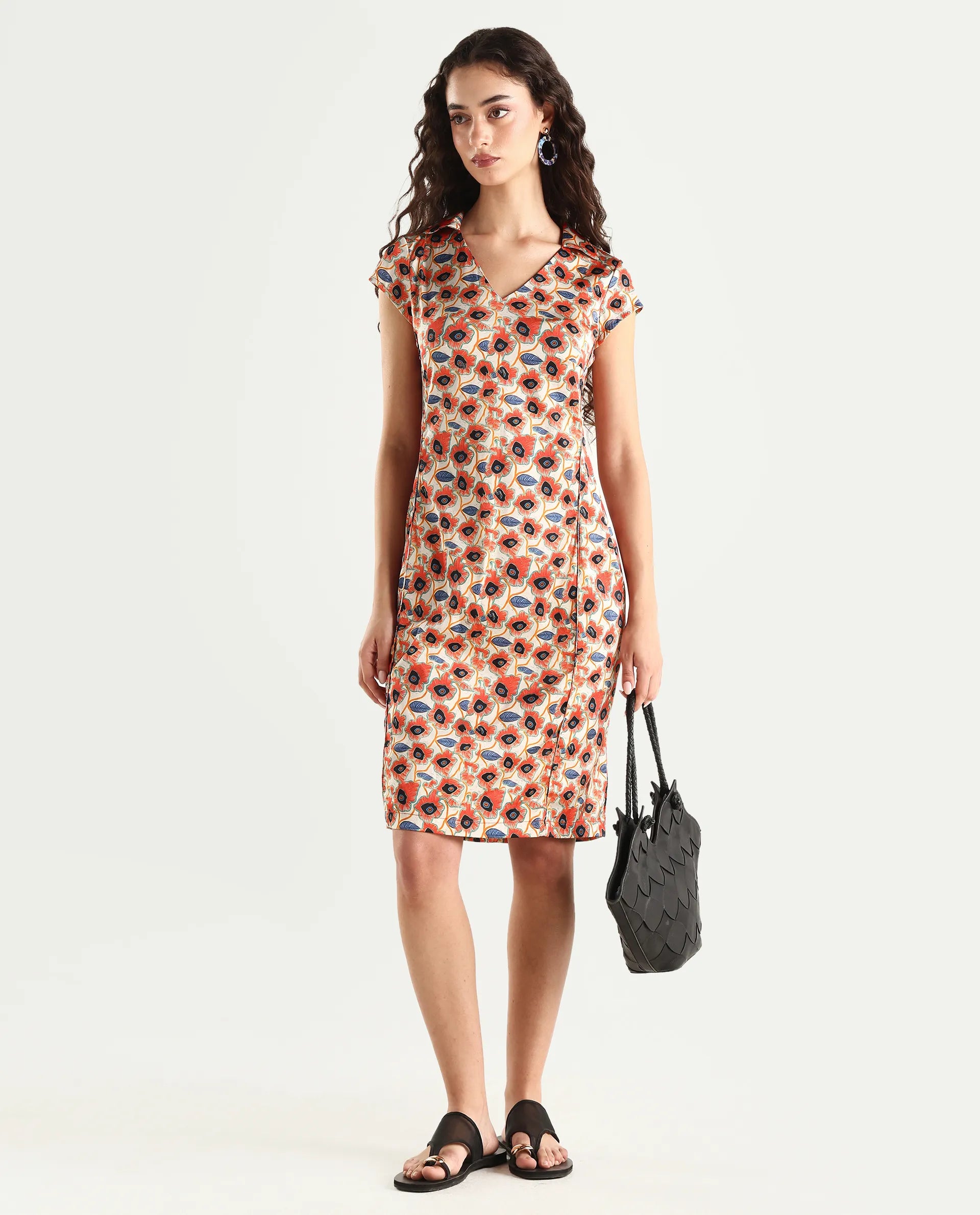 Rareism Women's Orleans Beige V-Neck Abstract Print Extended Sleeves Knee Length Regular Fit Dress