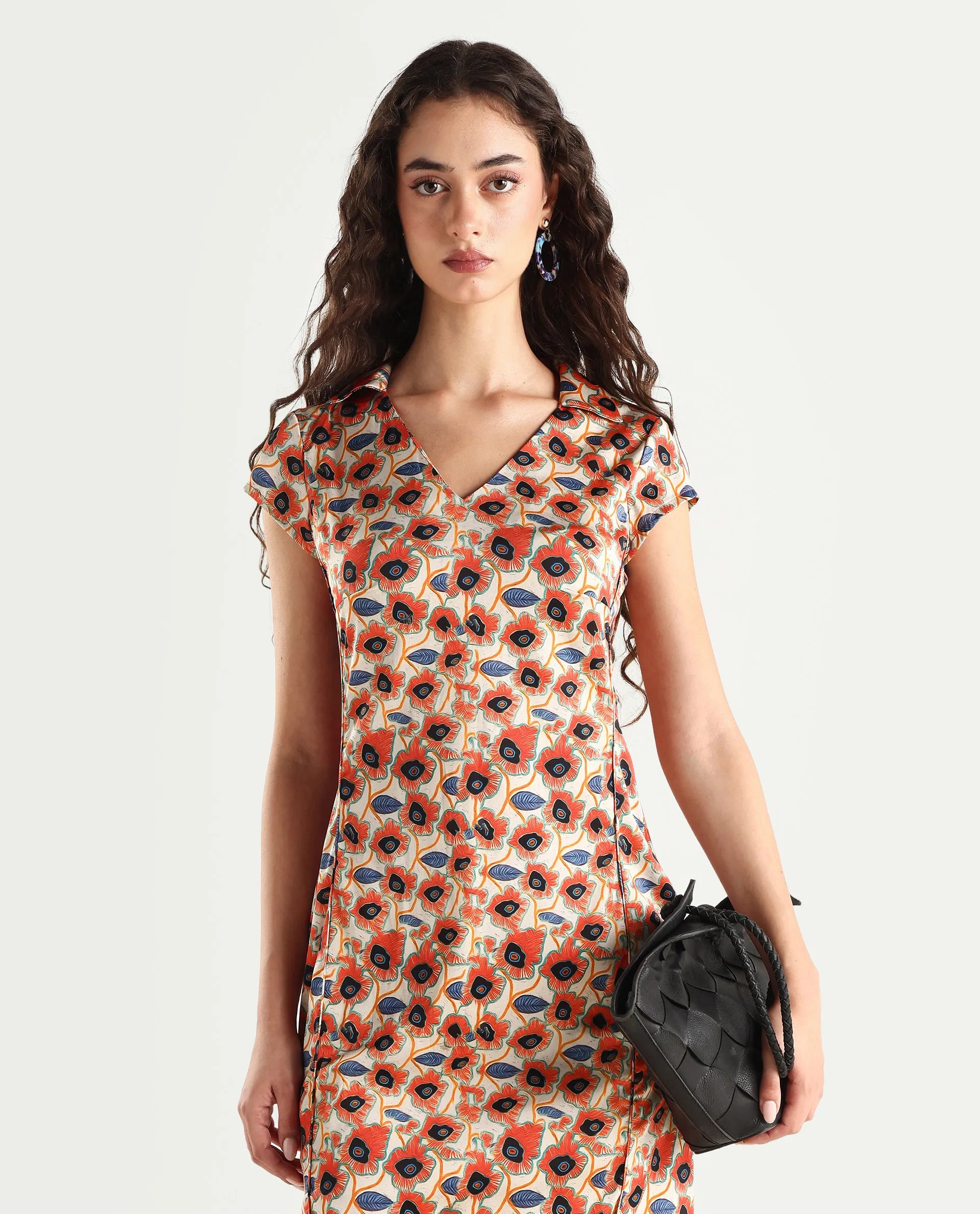 Rareism Women's Orleans Beige V-Neck Abstract Print Extended Sleeves Knee Length Regular Fit Dress