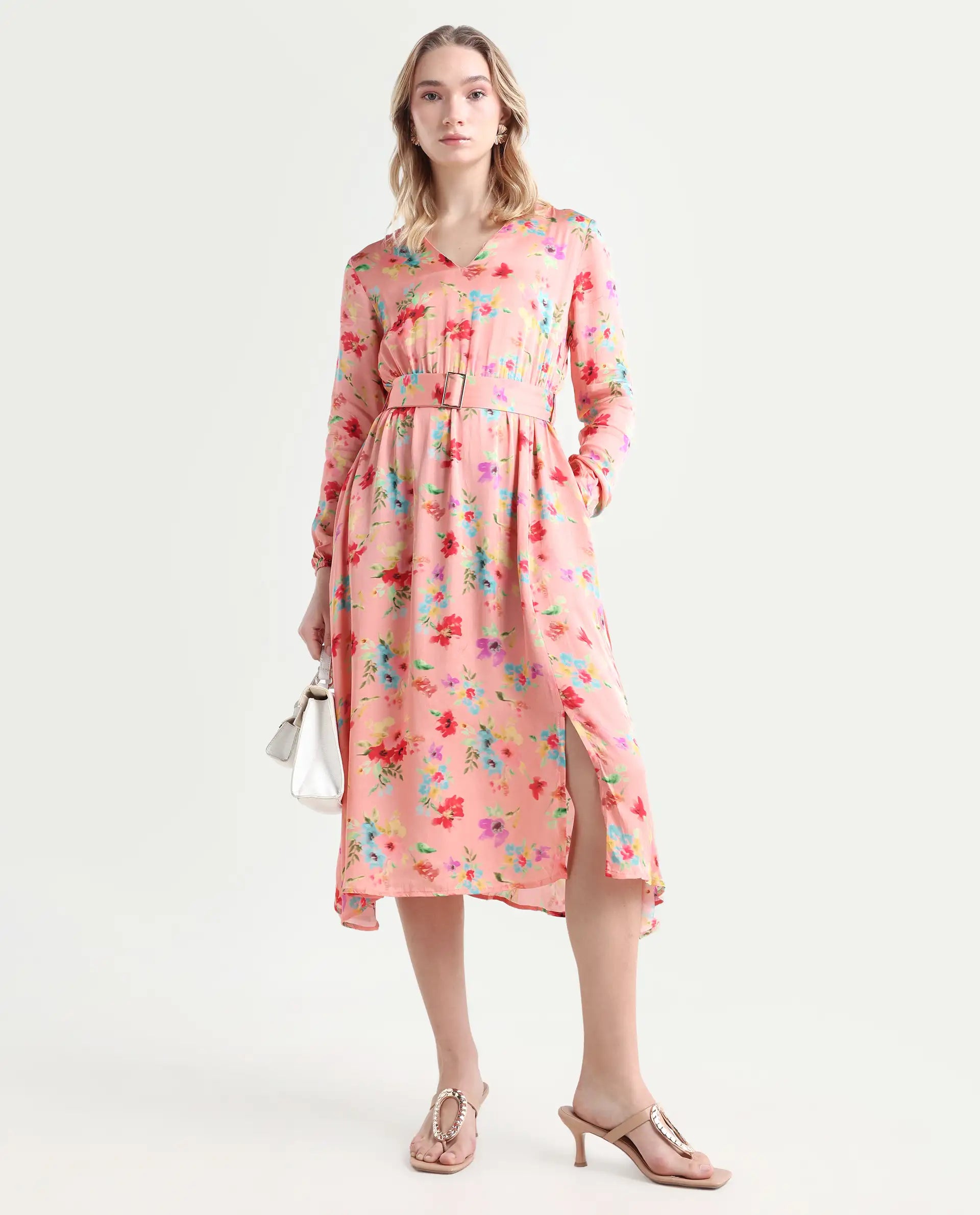 Rareism Women's Tuna Peach Viscose Blend V-Neck Floral Print Knee Length Regular Fit Dress