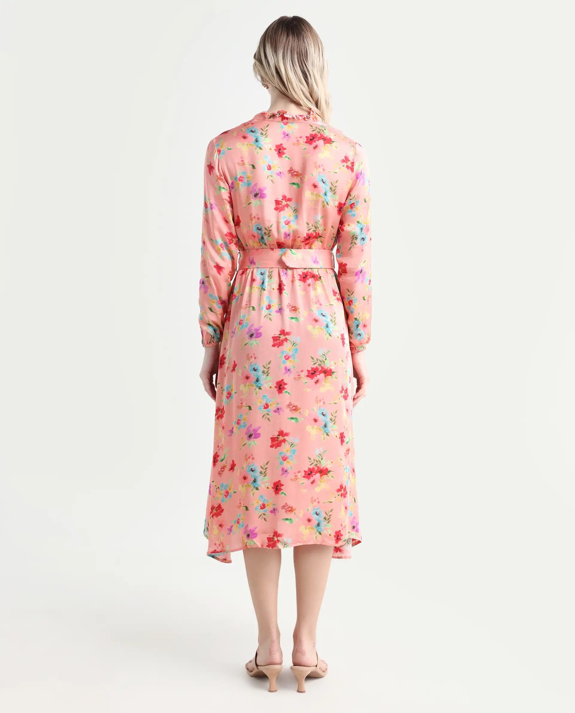 Rareism Women's Tuna Peach Viscose Blend V-Neck Floral Print Knee Length Regular Fit Dress