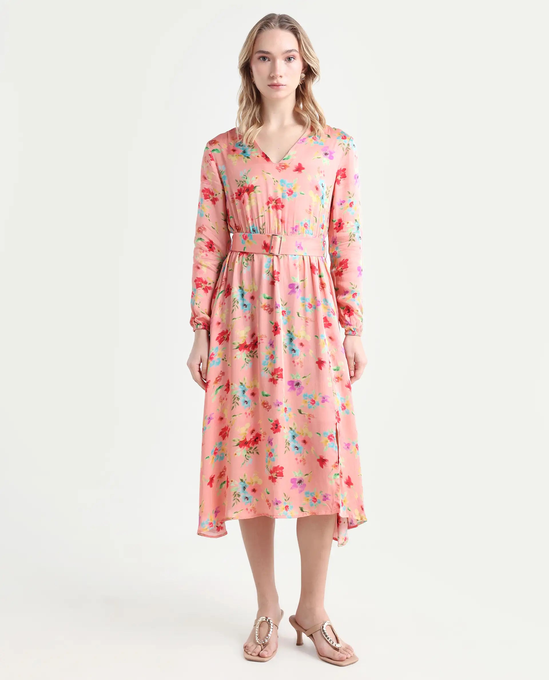 Rareism Women's Tuna Peach Viscose Blend V-Neck Floral Print Knee Length Regular Fit Dress