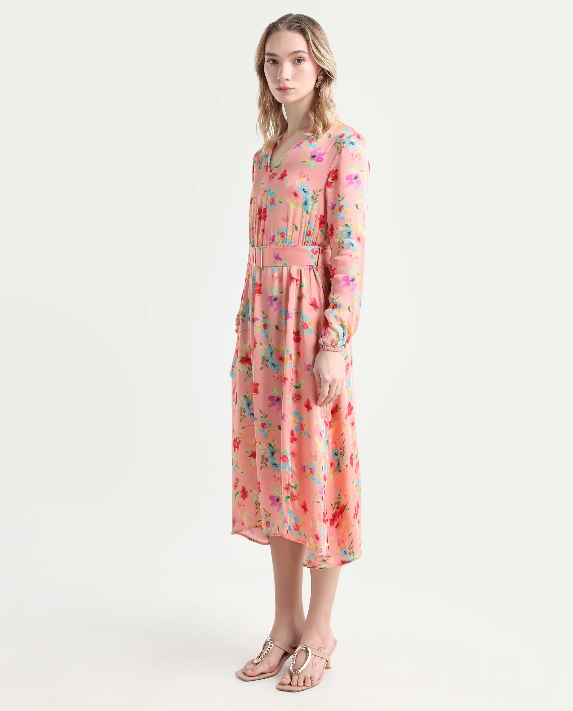 Rareism Women's Tuna Peach Viscose Blend V-Neck Floral Print Knee Length Regular Fit Dress