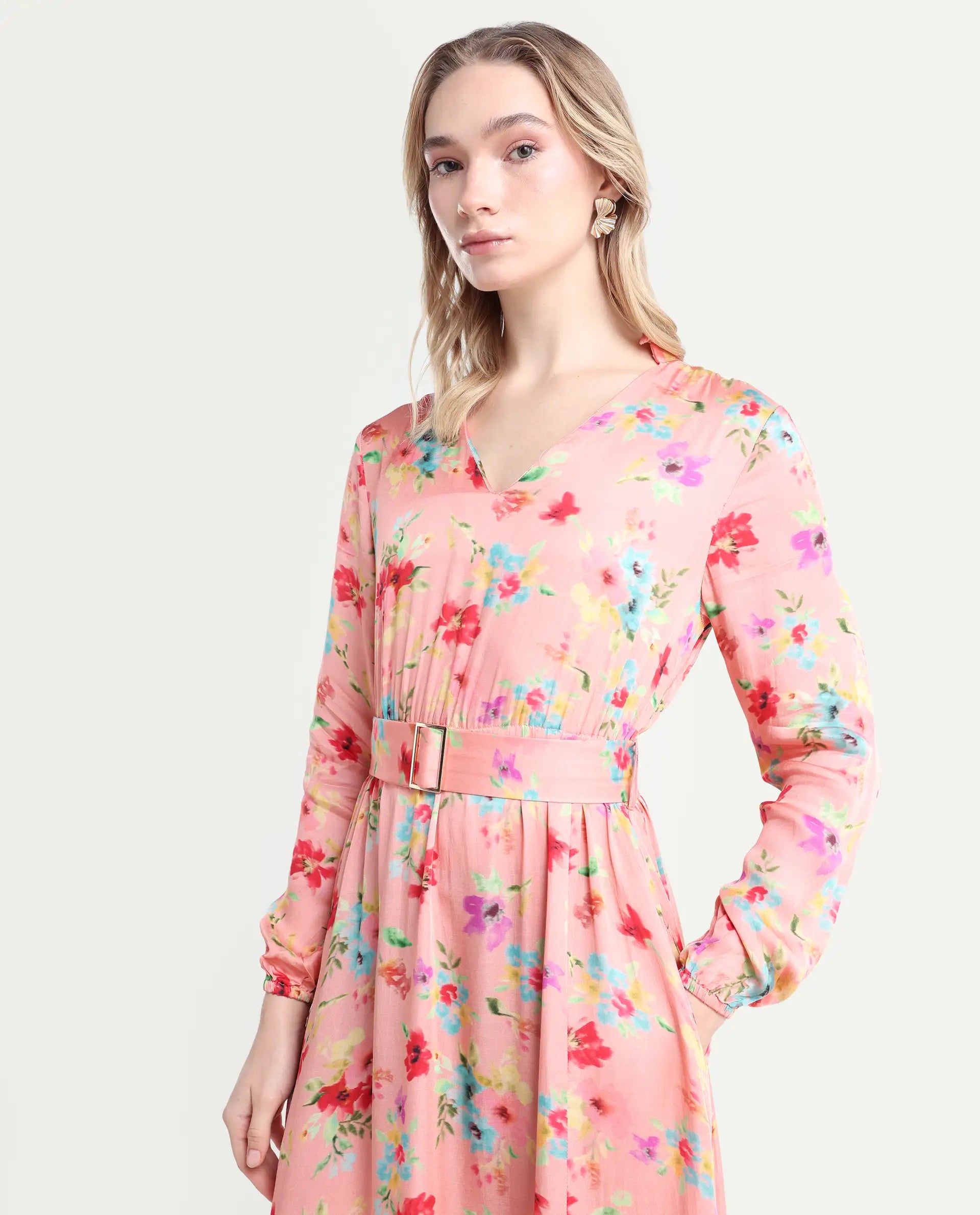 Rareism Women's Tuna Peach Viscose Blend V-Neck Floral Print Knee Length Regular Fit Dress