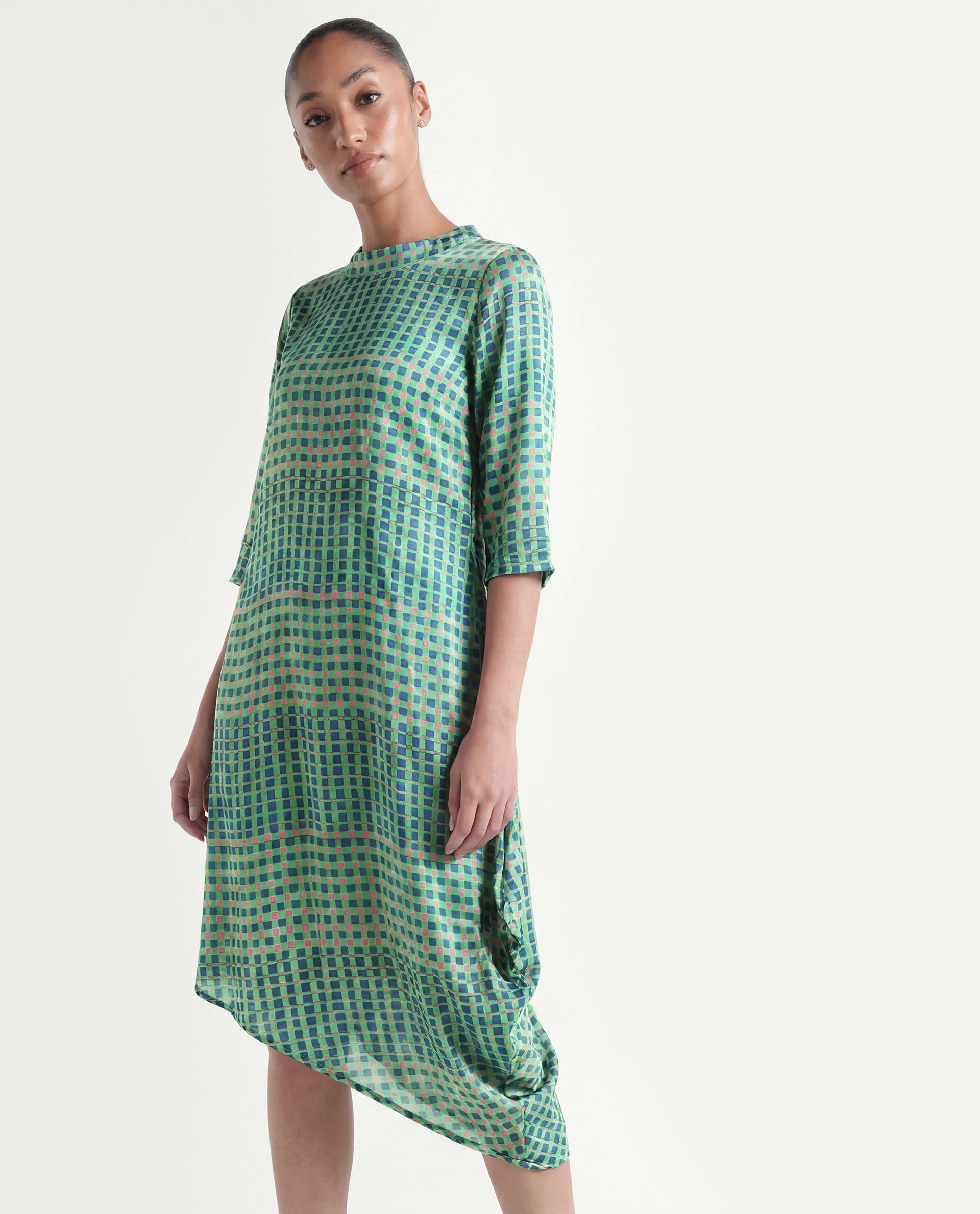 Rareism Women's Gleam Green Polyester High Neck Geometric Print Knee Length Regular Fit Dress