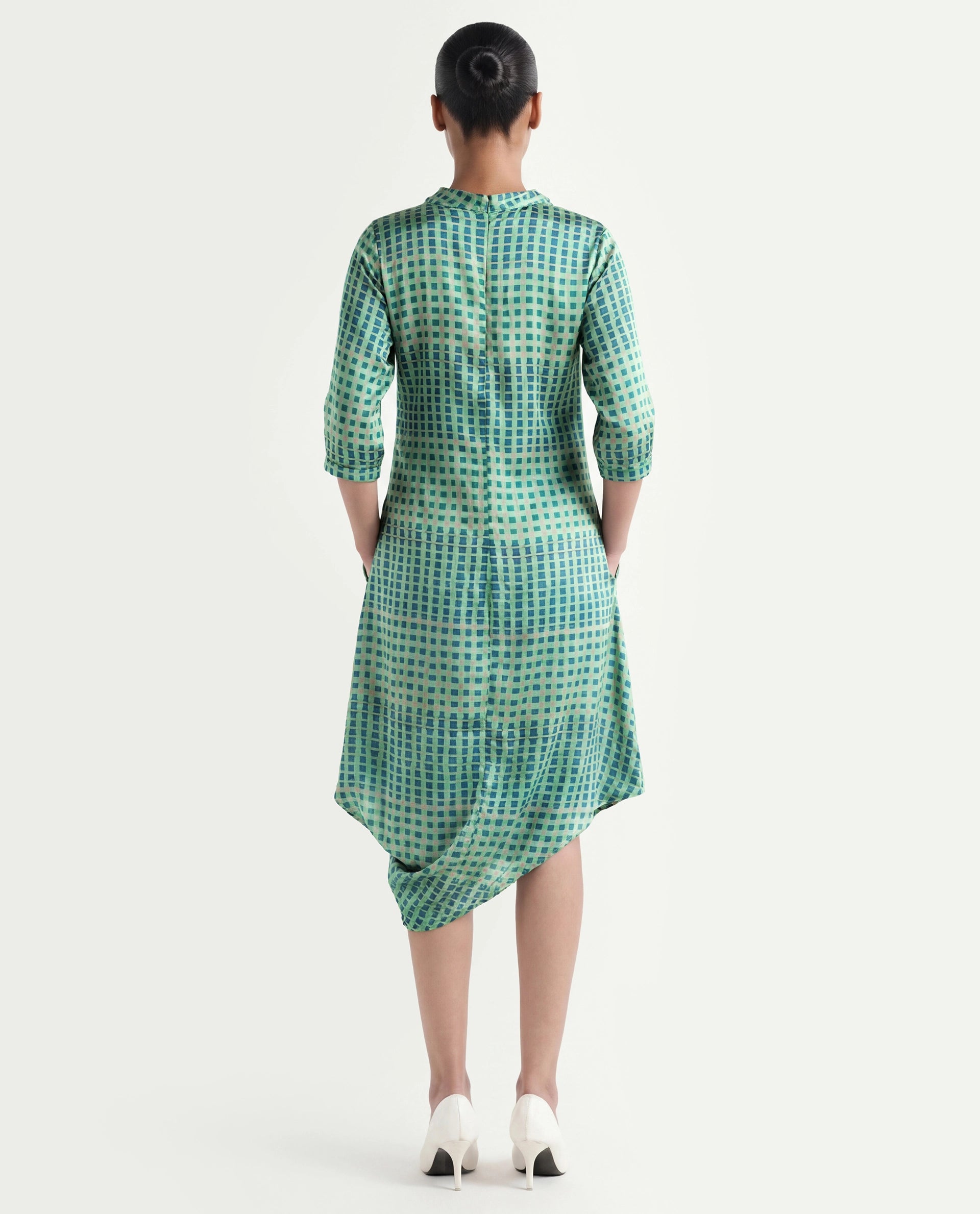 Rareism Women's Gleam Green Polyester High Neck Geometric Print Knee Length Regular Fit Dress