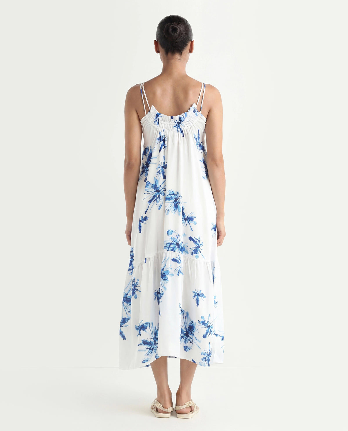 Rareism Women's Lola White Polyester Shoulder Strap Abstract Print Shoulder Strap Midi Regular Fit Dress