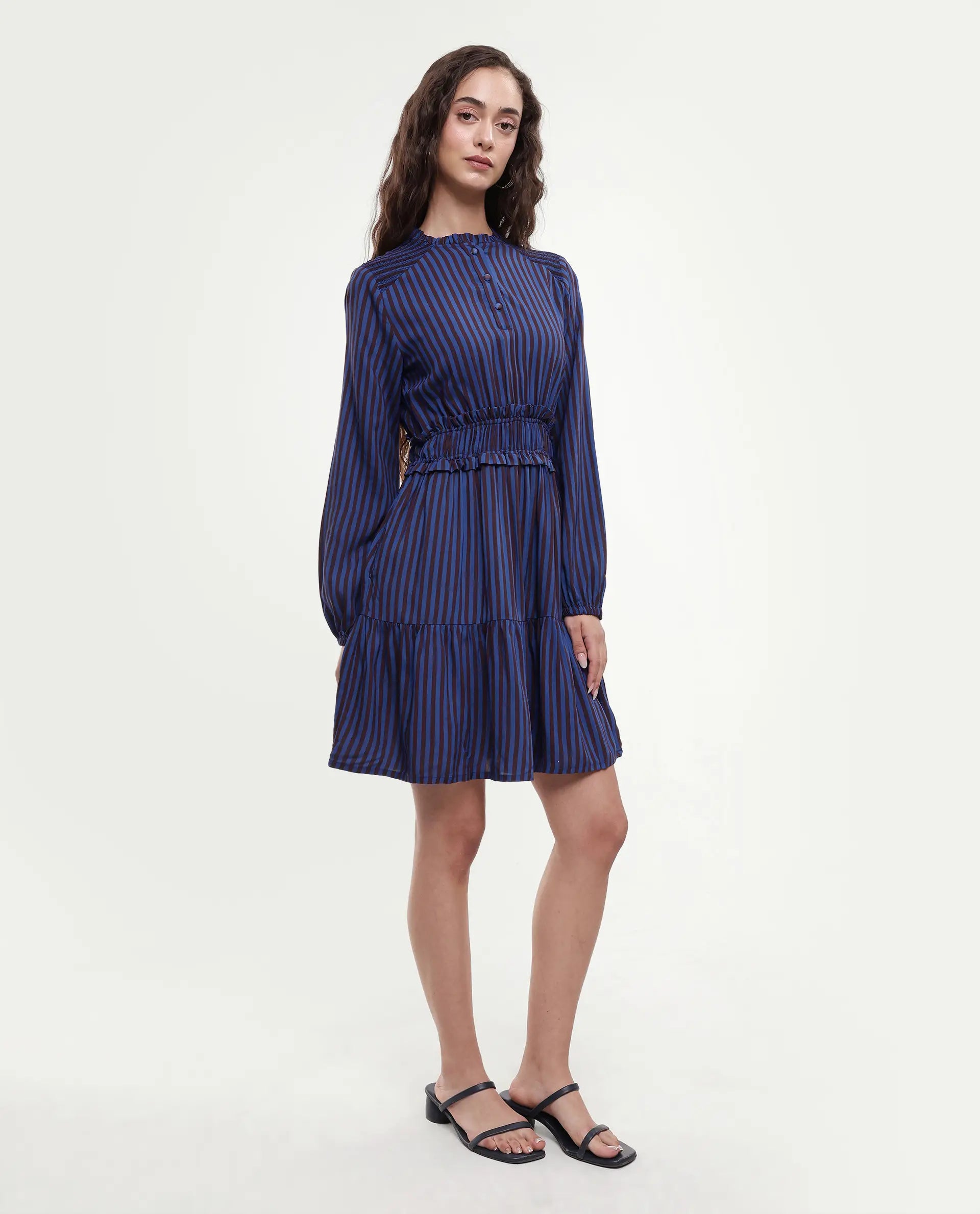 Rareism Women's Loretta Blue Viscose Mandarin Collar Striped Mini Regular Fit Dress