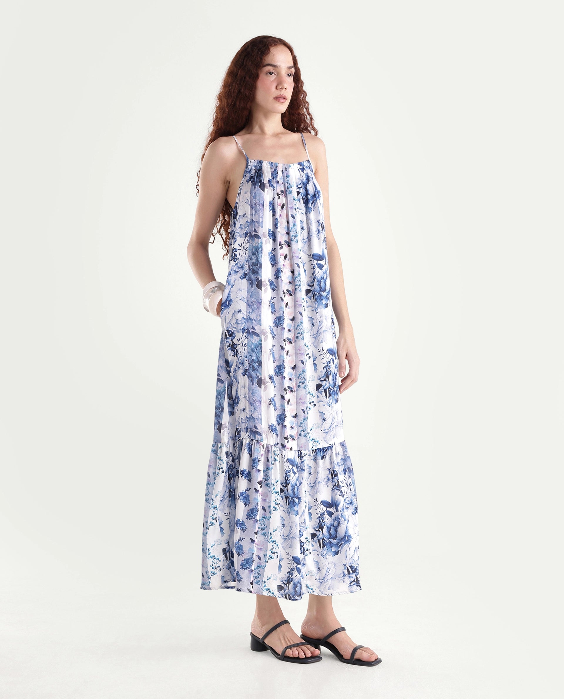 Rareism Women's Macy Blue Polyester Shoulder Strap Floral Print Shoulder Strap Maxi Regular Fit Dress