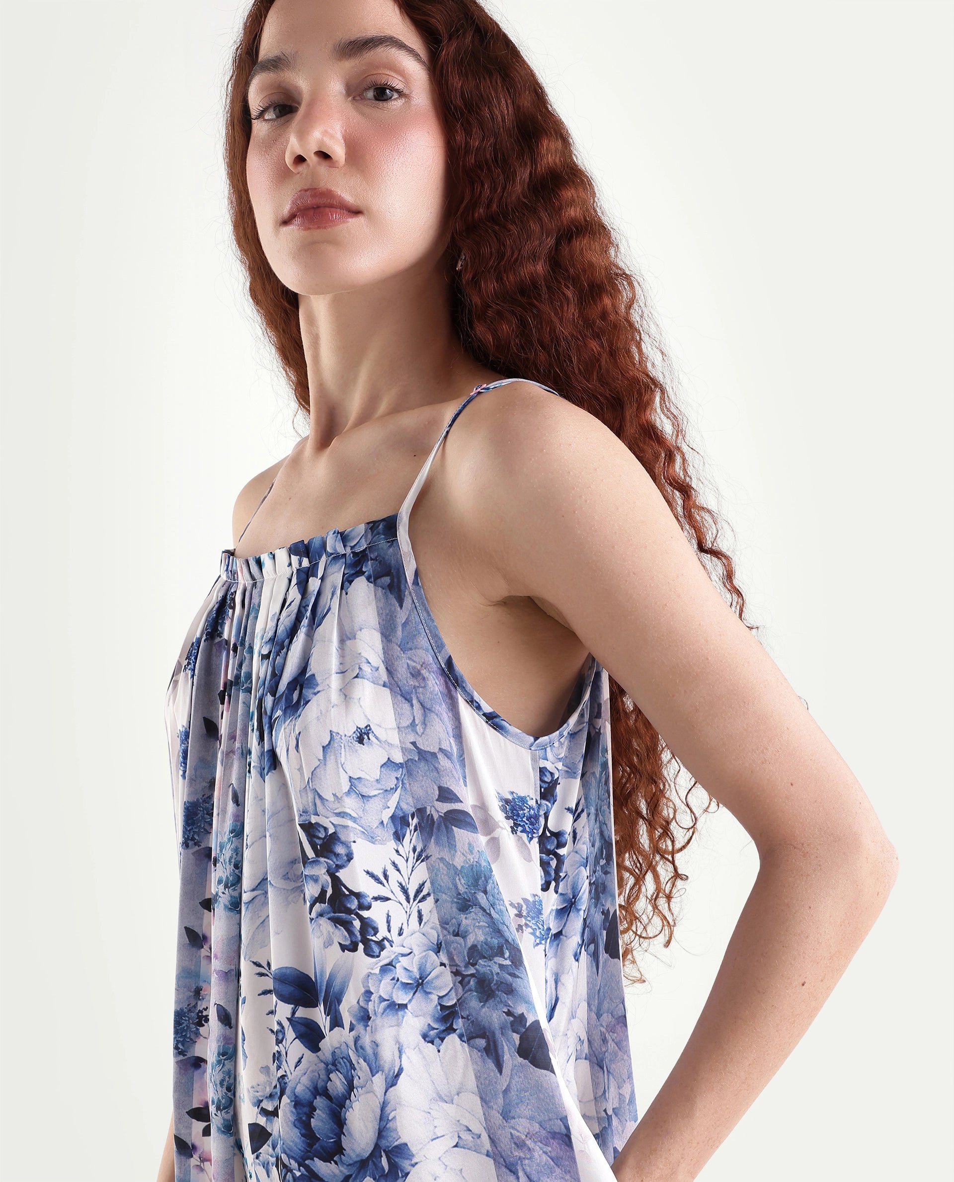 Rareism Women's Macy Blue Polyester Shoulder Strap Floral Print Shoulder Strap Maxi Regular Fit Dress