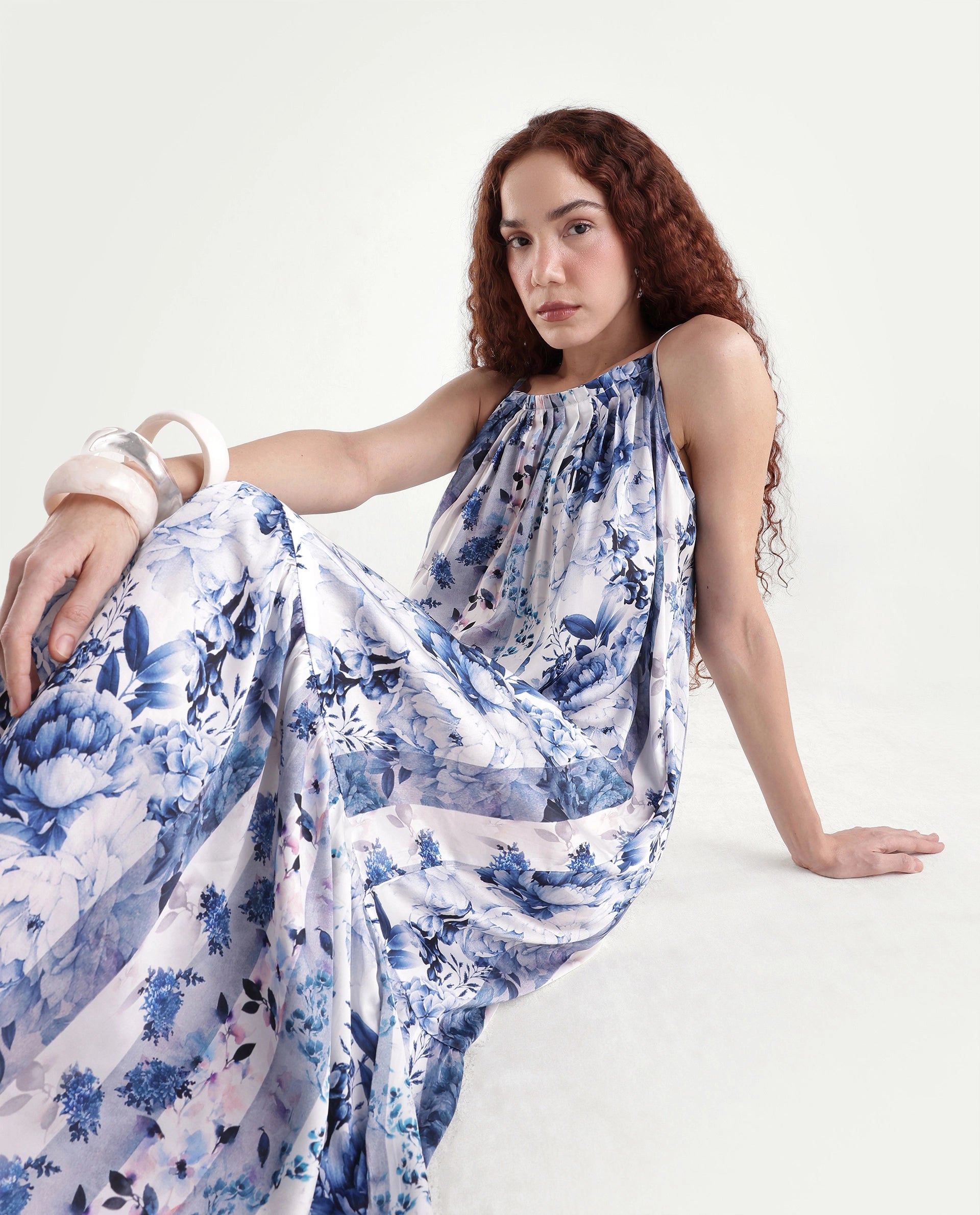 Rareism Women's Macy Blue Polyester Shoulder Strap Floral Print Shoulder Strap Maxi Regular Fit Dress
