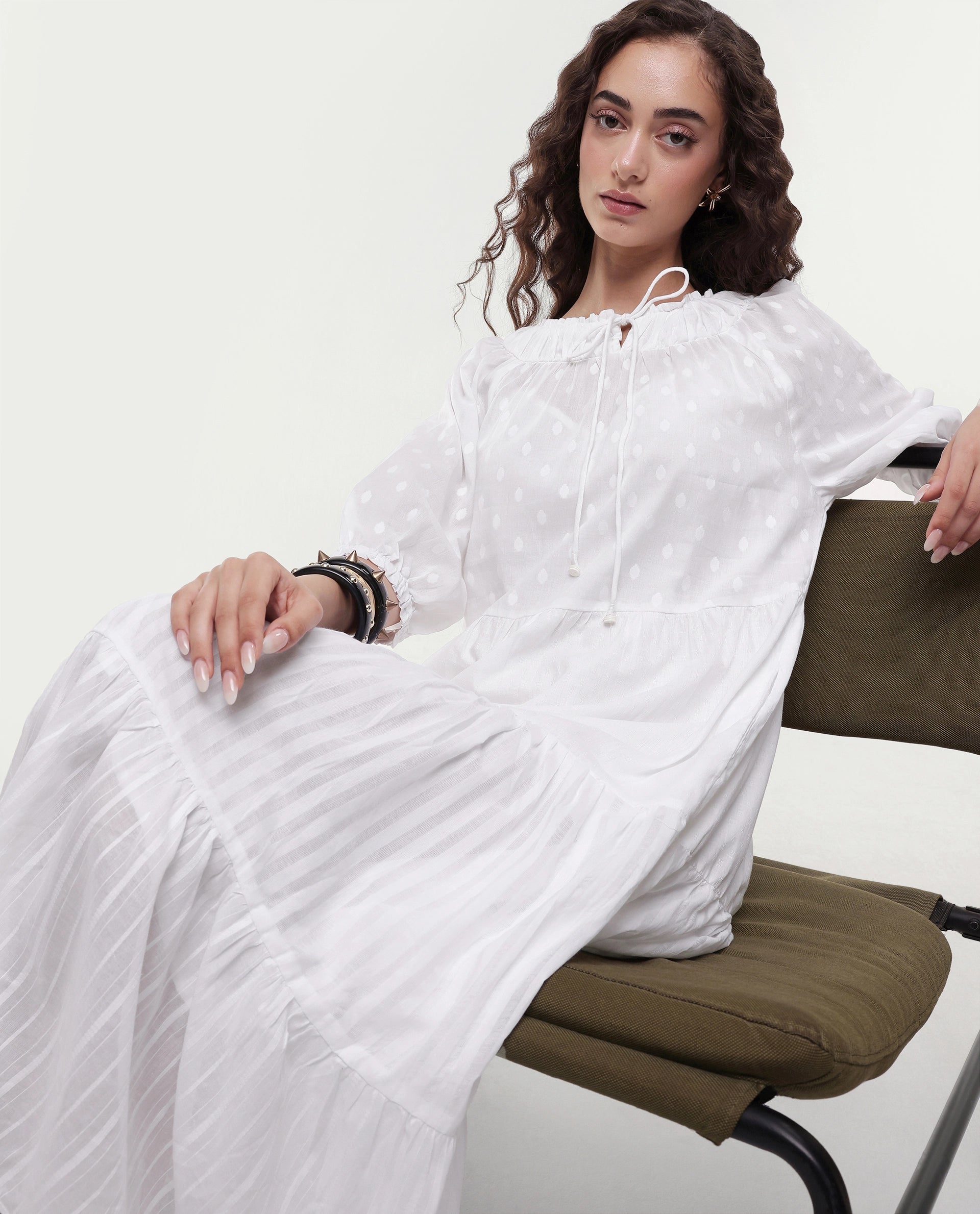 Rareism Women's Myle White Cotton Tie-Up Neck Plain Puff Sleeves Knee Length Regular Fit Dress