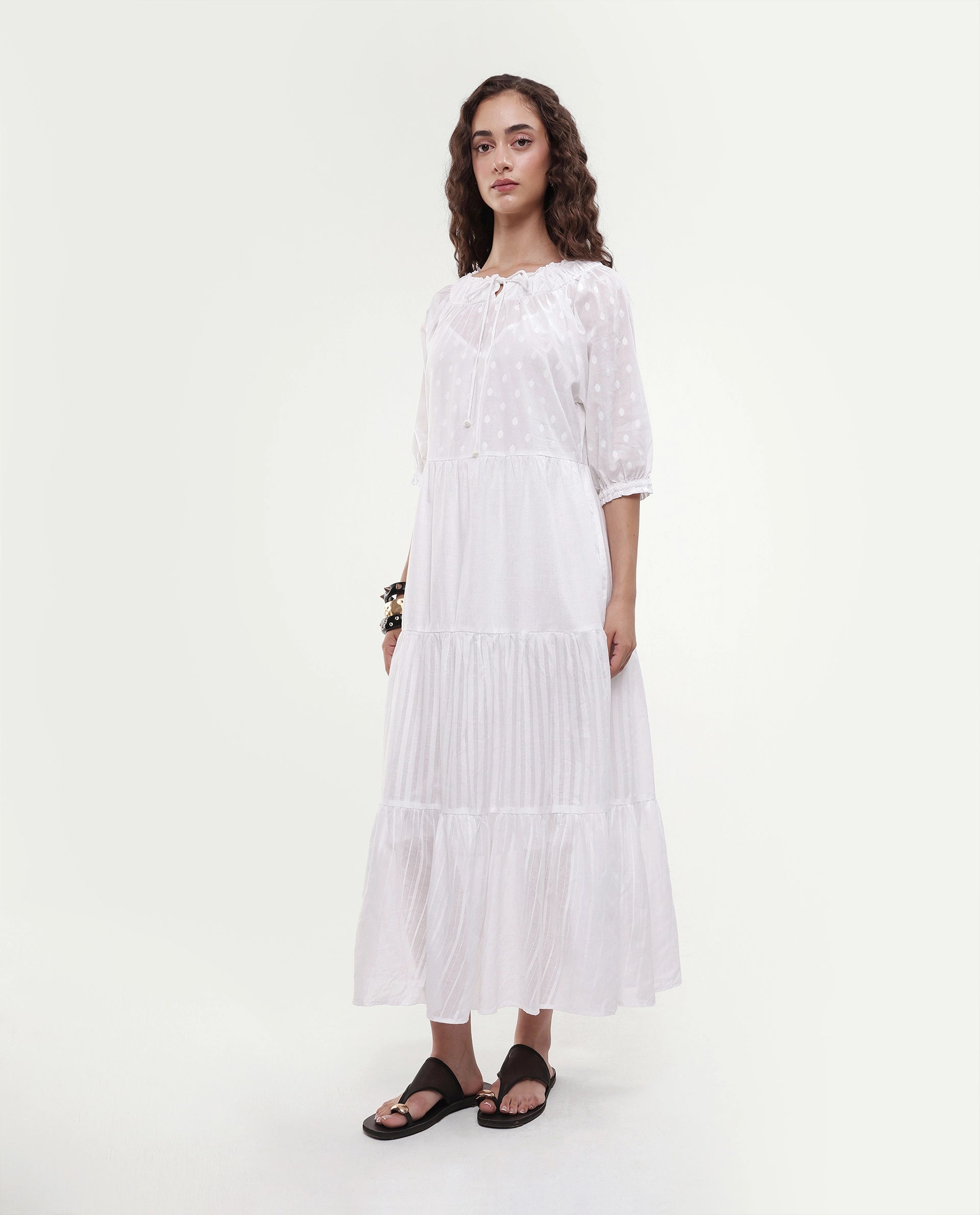 Rareism Women's Myle White Cotton Tie-Up Neck Plain Puff Sleeves Knee Length Regular Fit Dress