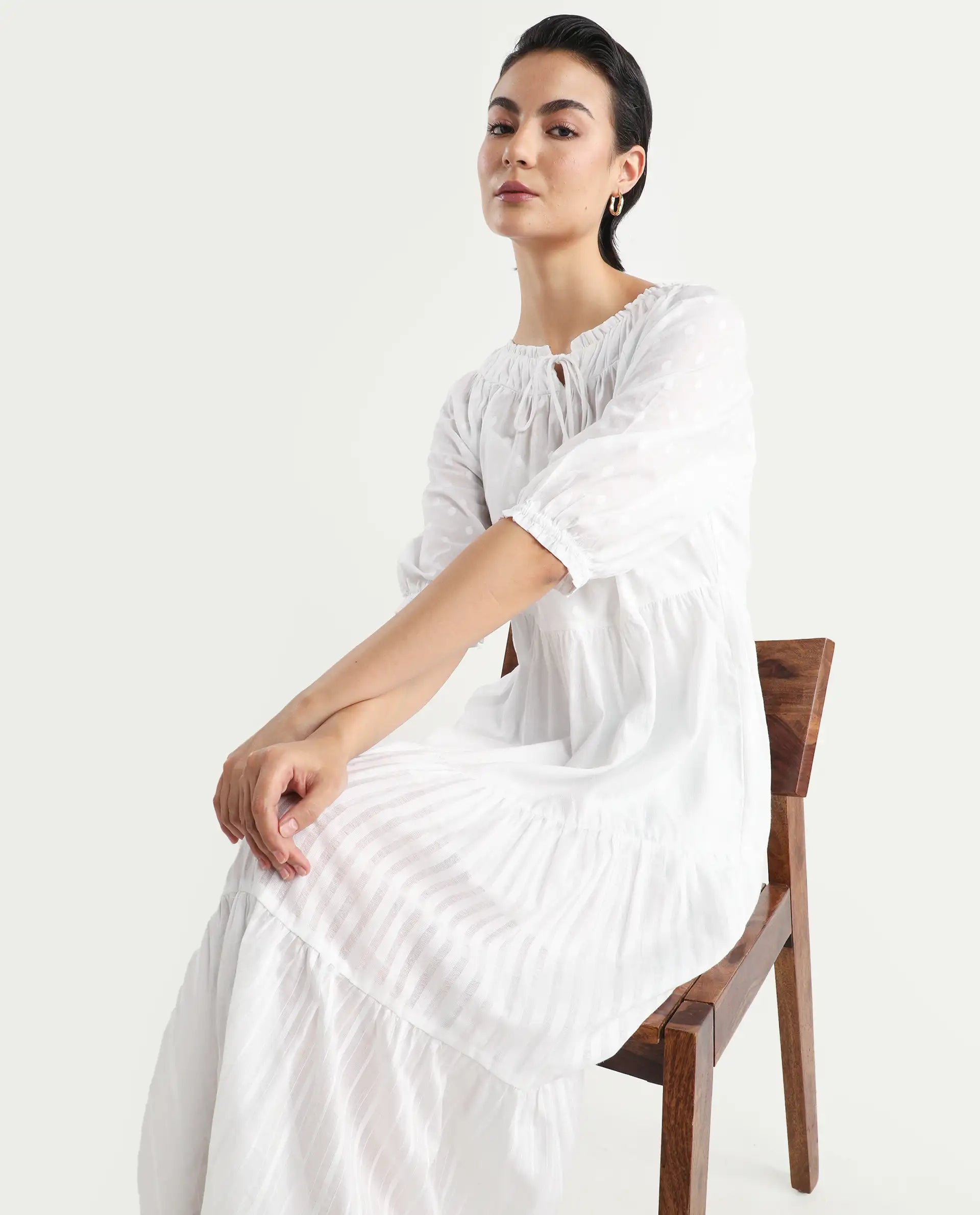 Rareism Women's Myle White Cotton Tie-Up Neck Plain Puff Sleeves Knee Length Regular Fit Dress