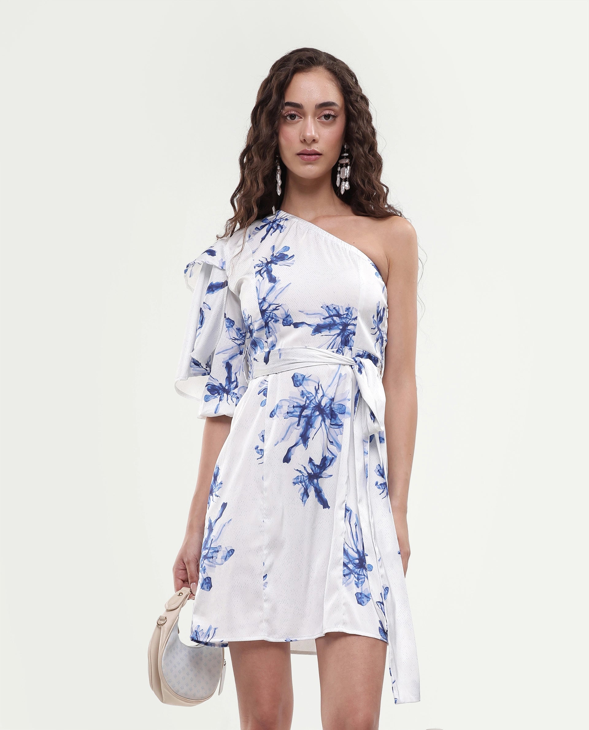 Rareism Women's Winnie White Modal One Shoulder Floral Print Puff Sleeves Knee Length Slim Fit Dress