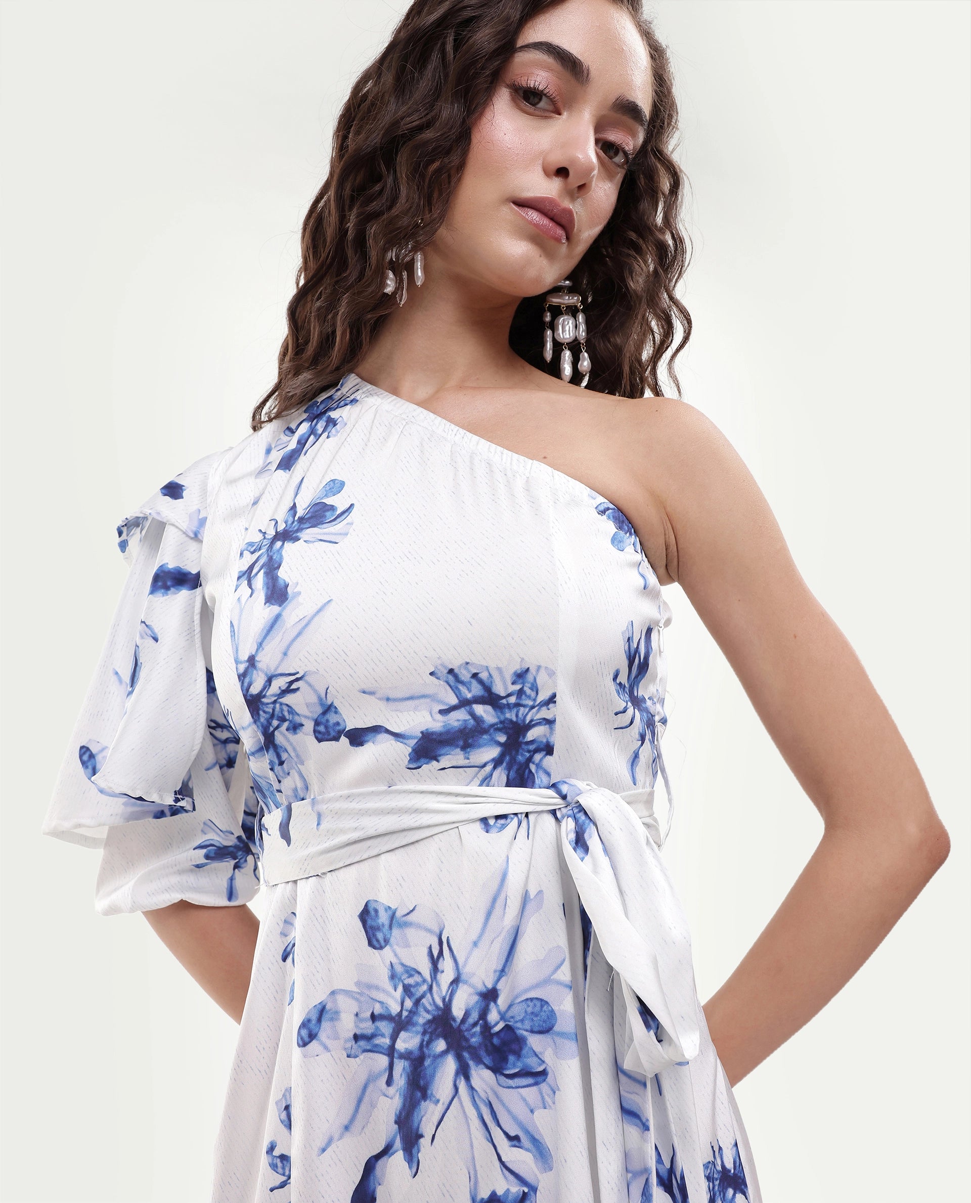Rareism Women's Winnie White Modal One Shoulder Floral Print Puff Sleeves Knee Length Slim Fit Dress