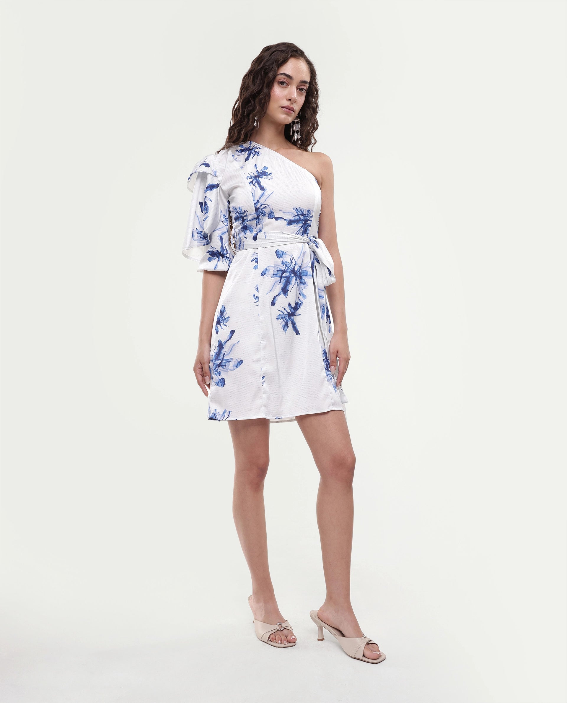 Rareism Women's Winnie White Modal One Shoulder Floral Print Puff Sleeves Knee Length Slim Fit Dress