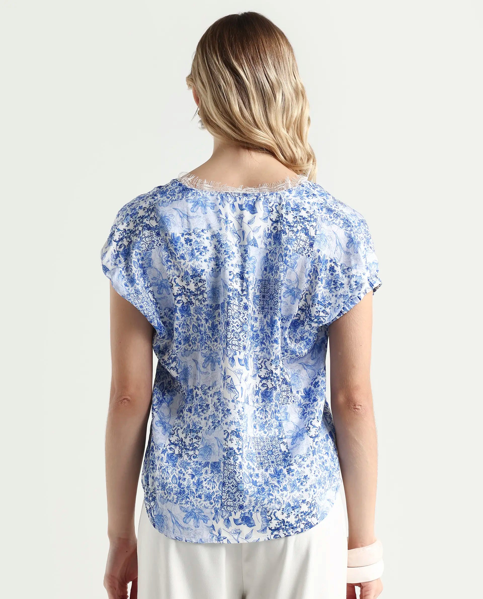 Rareism Women's Annika Blue Polyester V-Neck Abstract Print Extended Sleeves Regular Fit Top