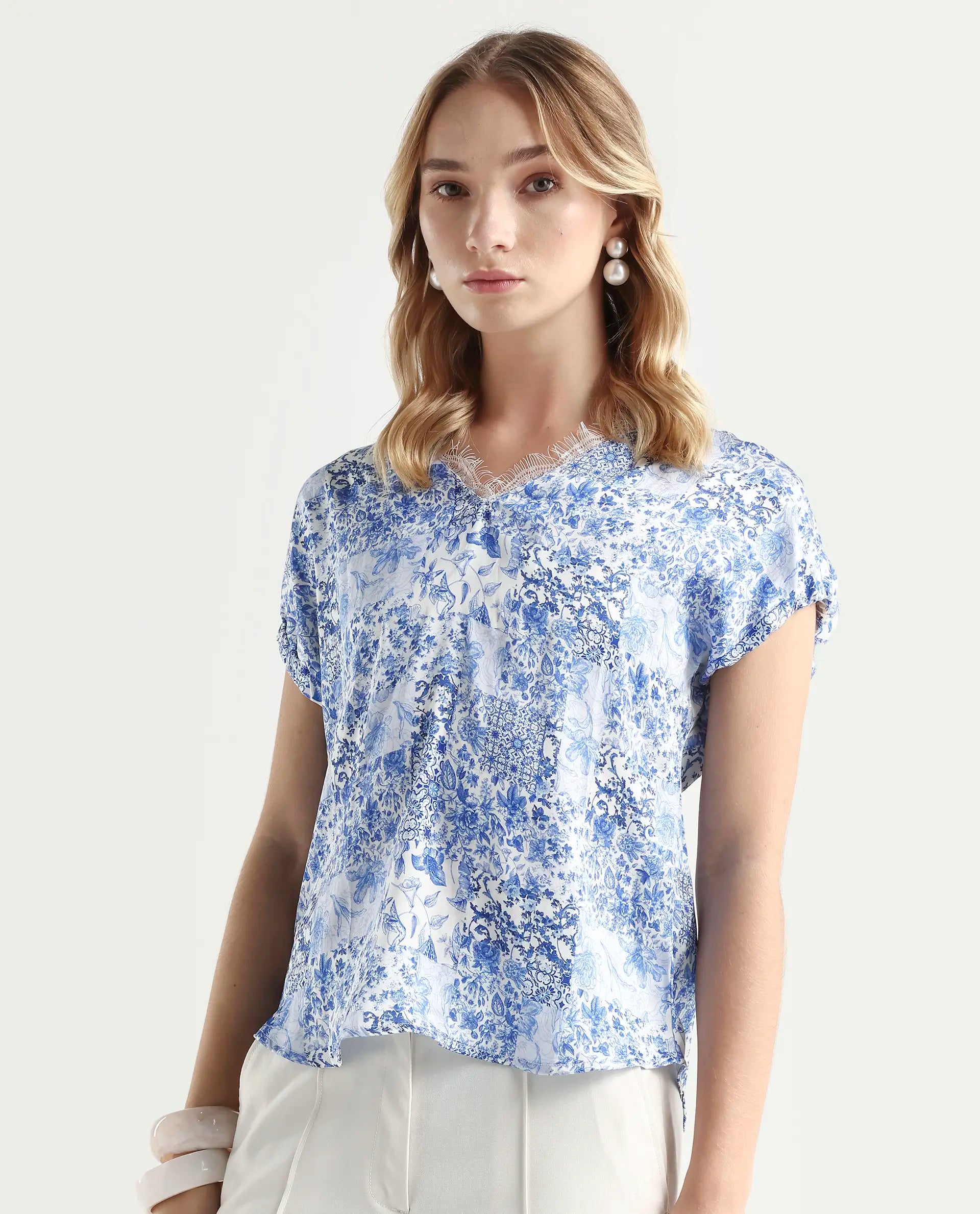 Rareism Women's Annika Blue Polyester V-Neck Abstract Print Extended Sleeves Regular Fit Top