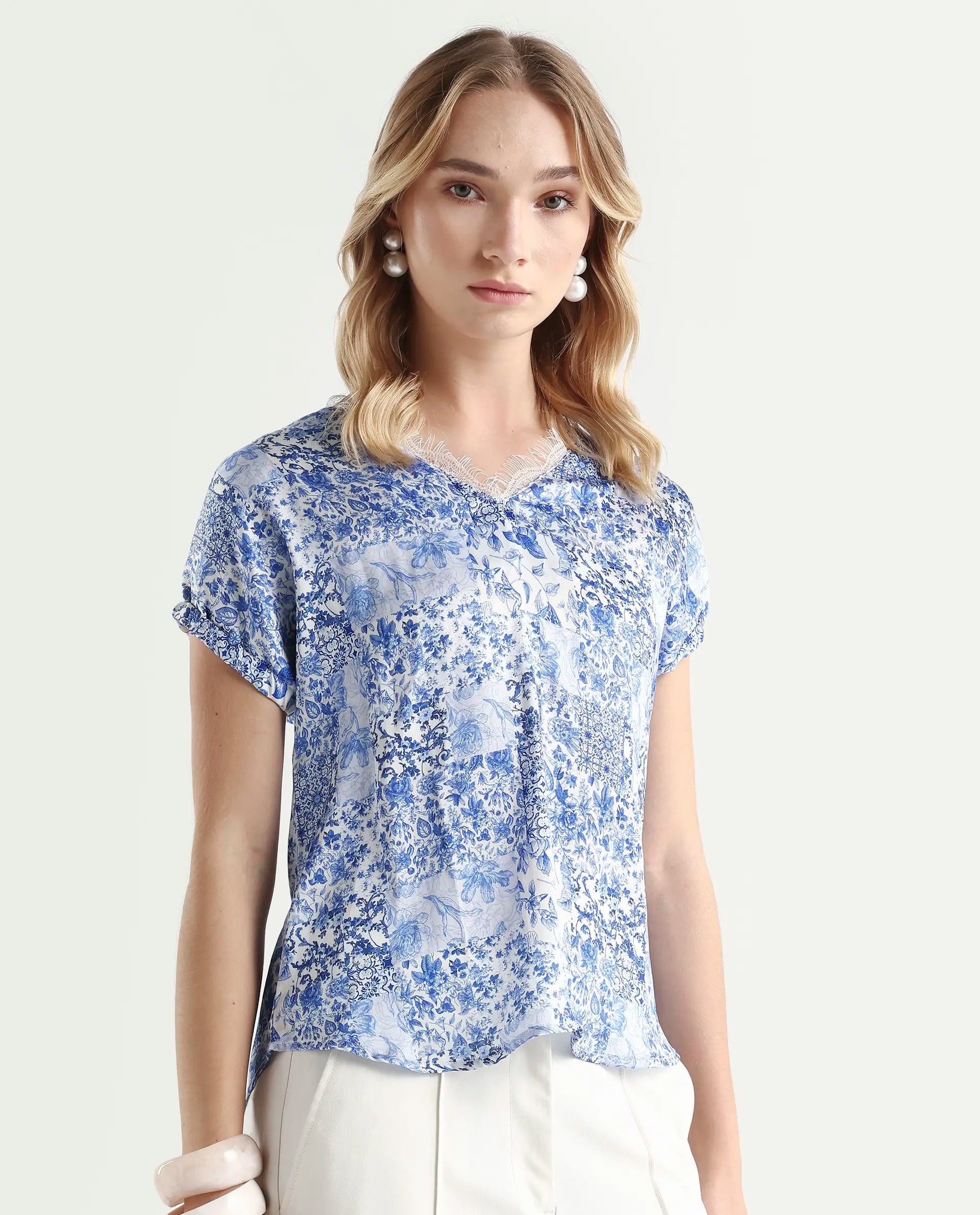 Rareism Women's Annika Blue Polyester V-Neck Abstract Print Extended Sleeves Regular Fit Top