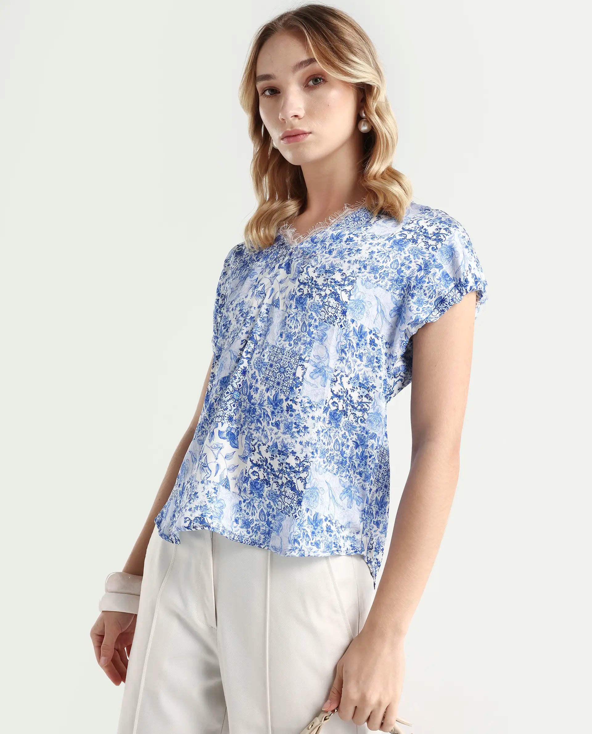 Rareism Women's Annika Blue Polyester V-Neck Abstract Print Extended Sleeves Regular Fit Top