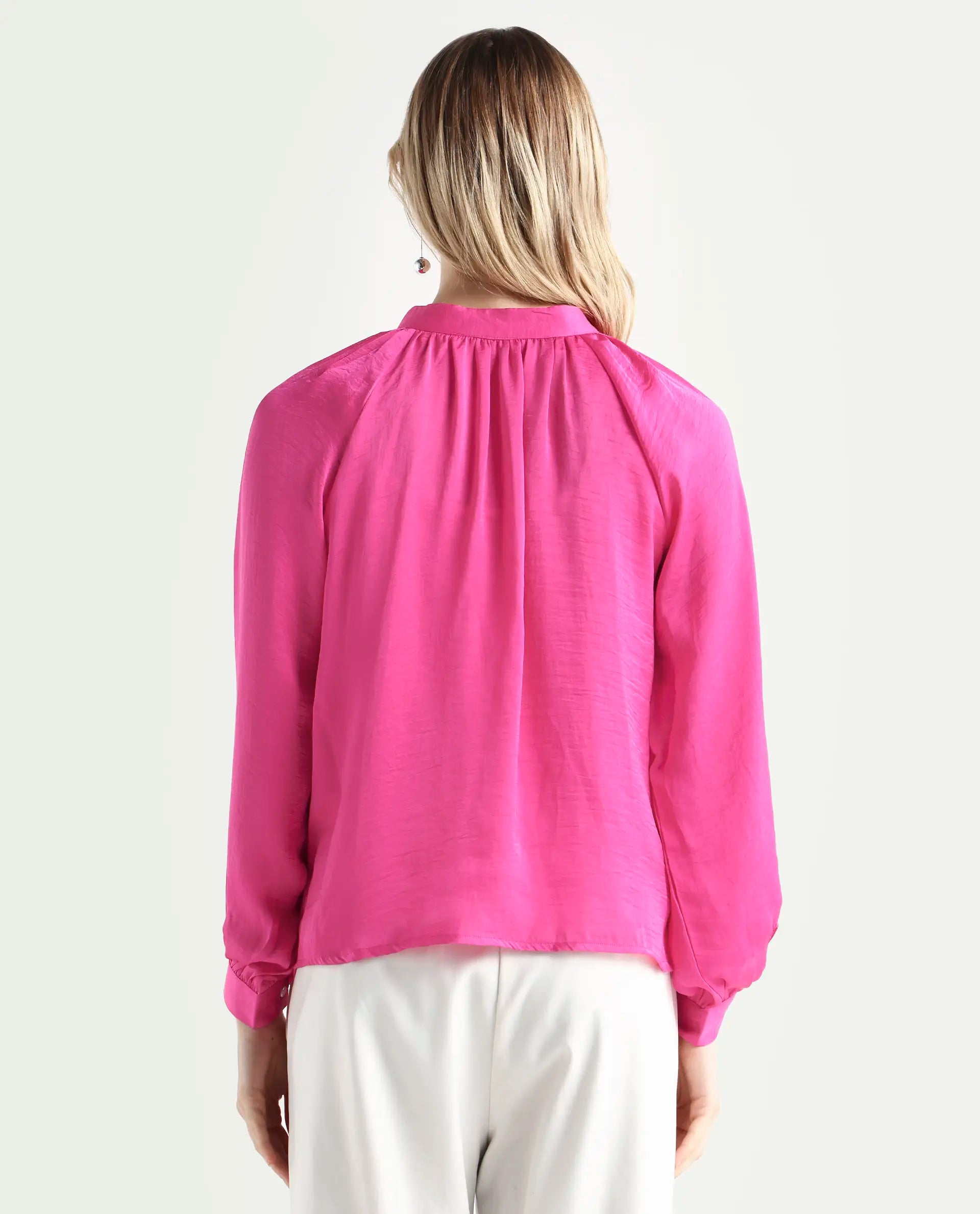 Rareism Women's Kaylinn Pink Polyester High Neck Plain Volume Sleeve Relaxed Fit Top