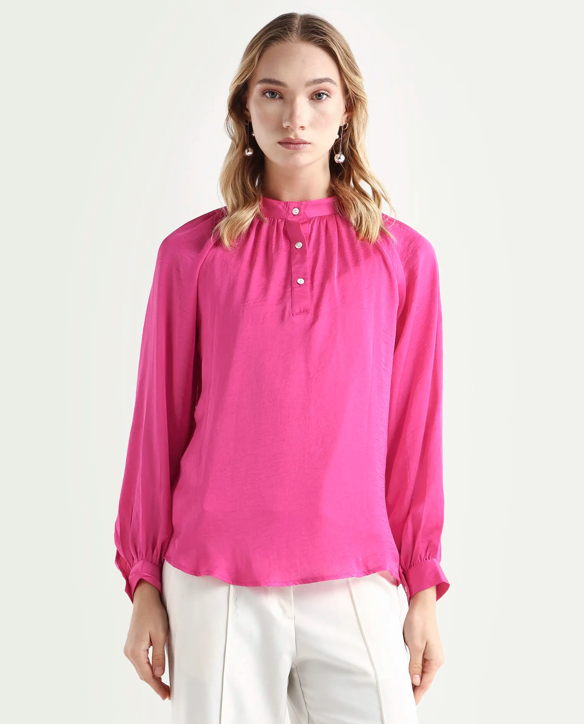 Rareism Women's Kaylinn Pink Polyester High Neck Plain Volume Sleeve Relaxed Fit Top