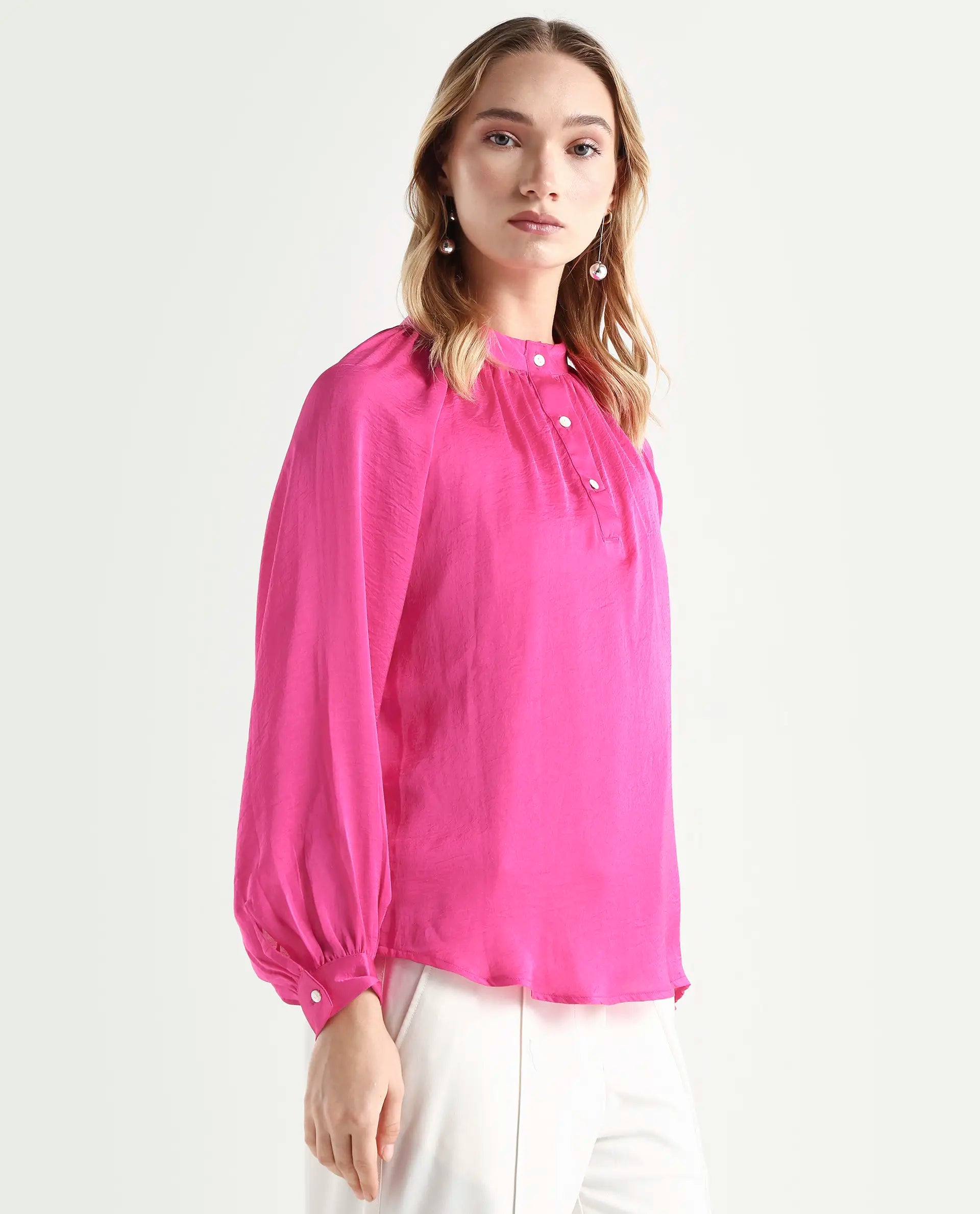 Rareism Women's Kaylinn Pink Polyester High Neck Plain Volume Sleeve Relaxed Fit Top