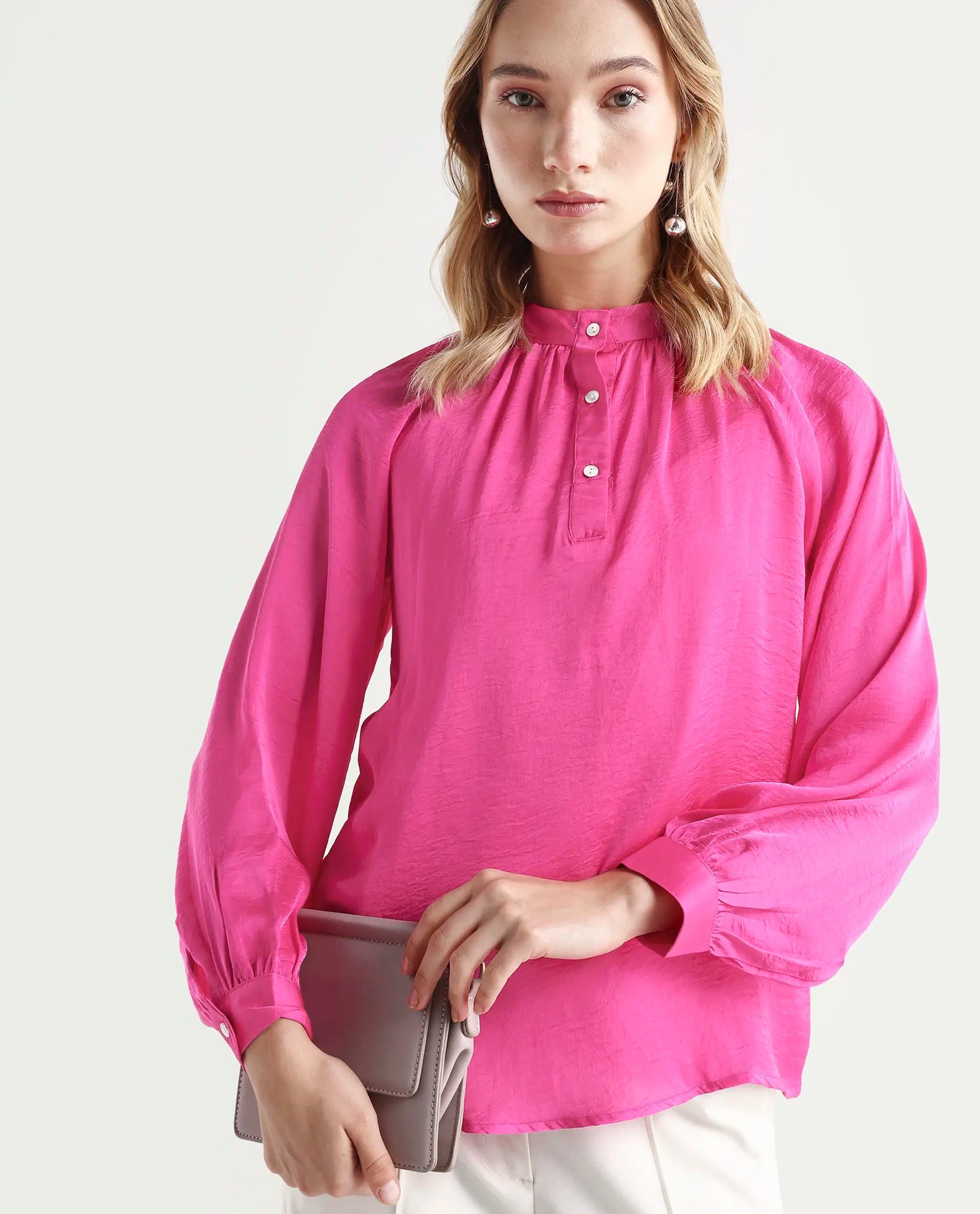 Rareism Women's Kaylinn Pink Polyester High Neck Plain Volume Sleeve Relaxed Fit Top