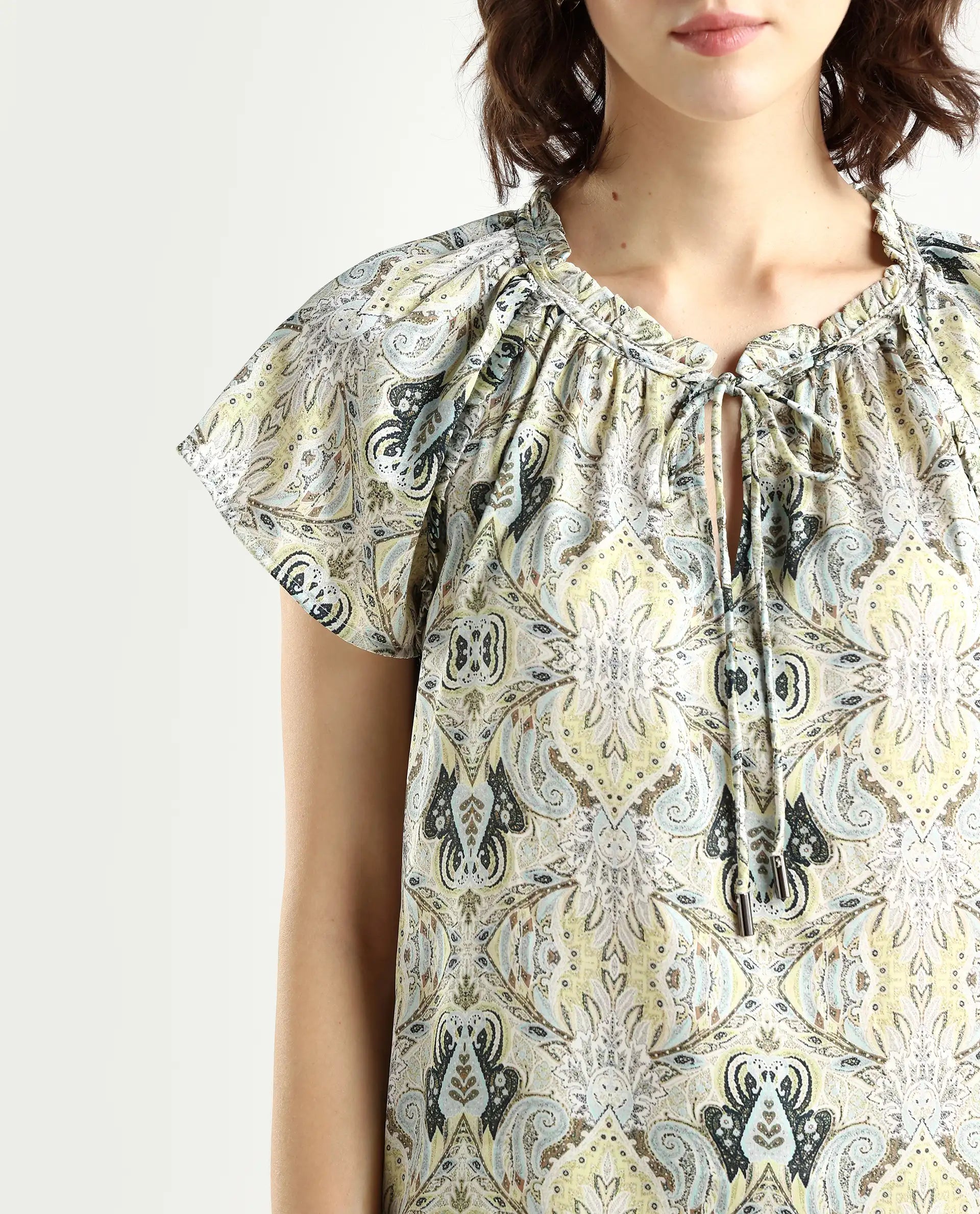 Rareism Women's Eddma White Polyester V-Neck Paisley Print Extended Sleeves Tailored Top