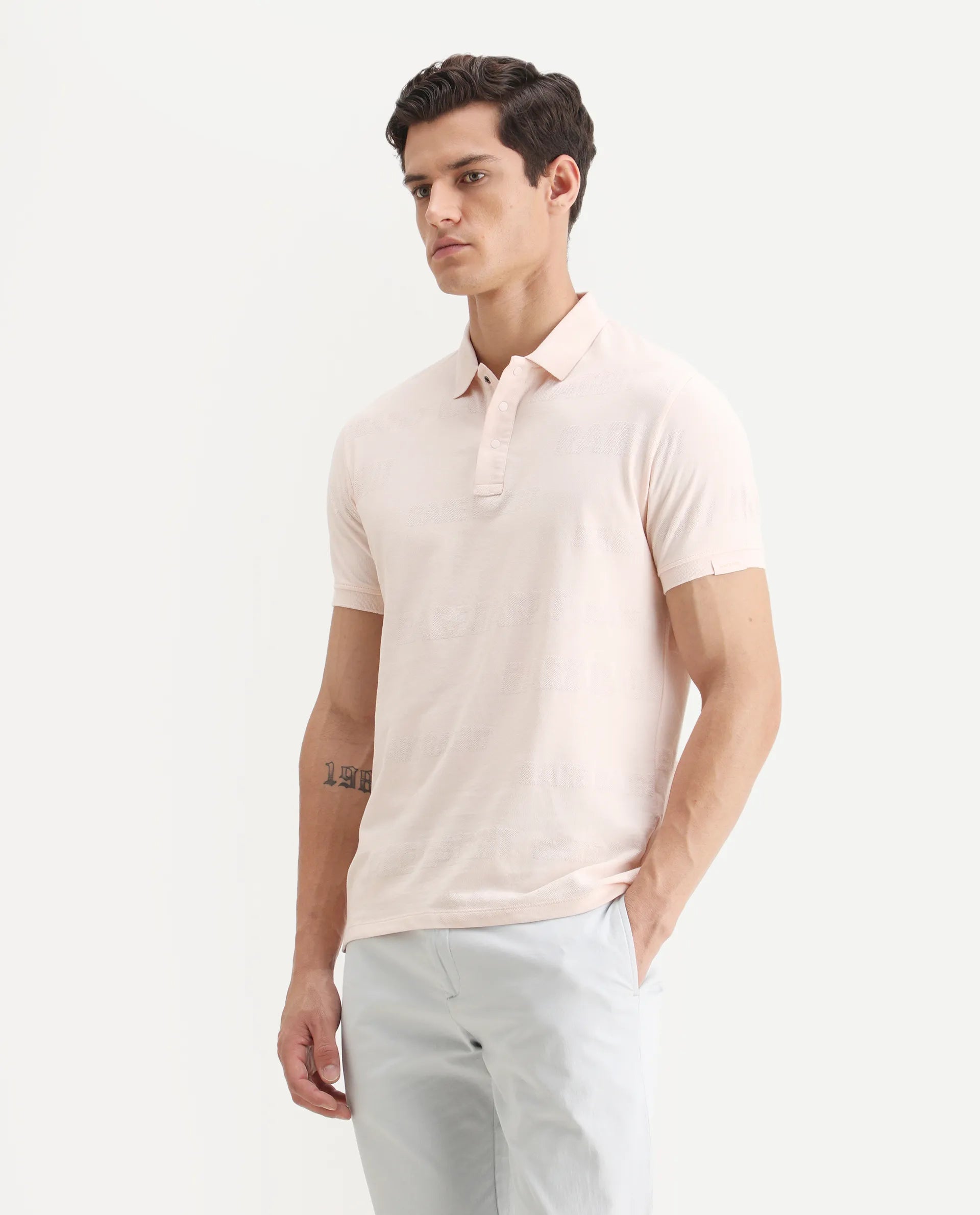 Rare Rabbit Men's Set Pink Cotton Jacquard Regular Fit Half Sleeve Polo
