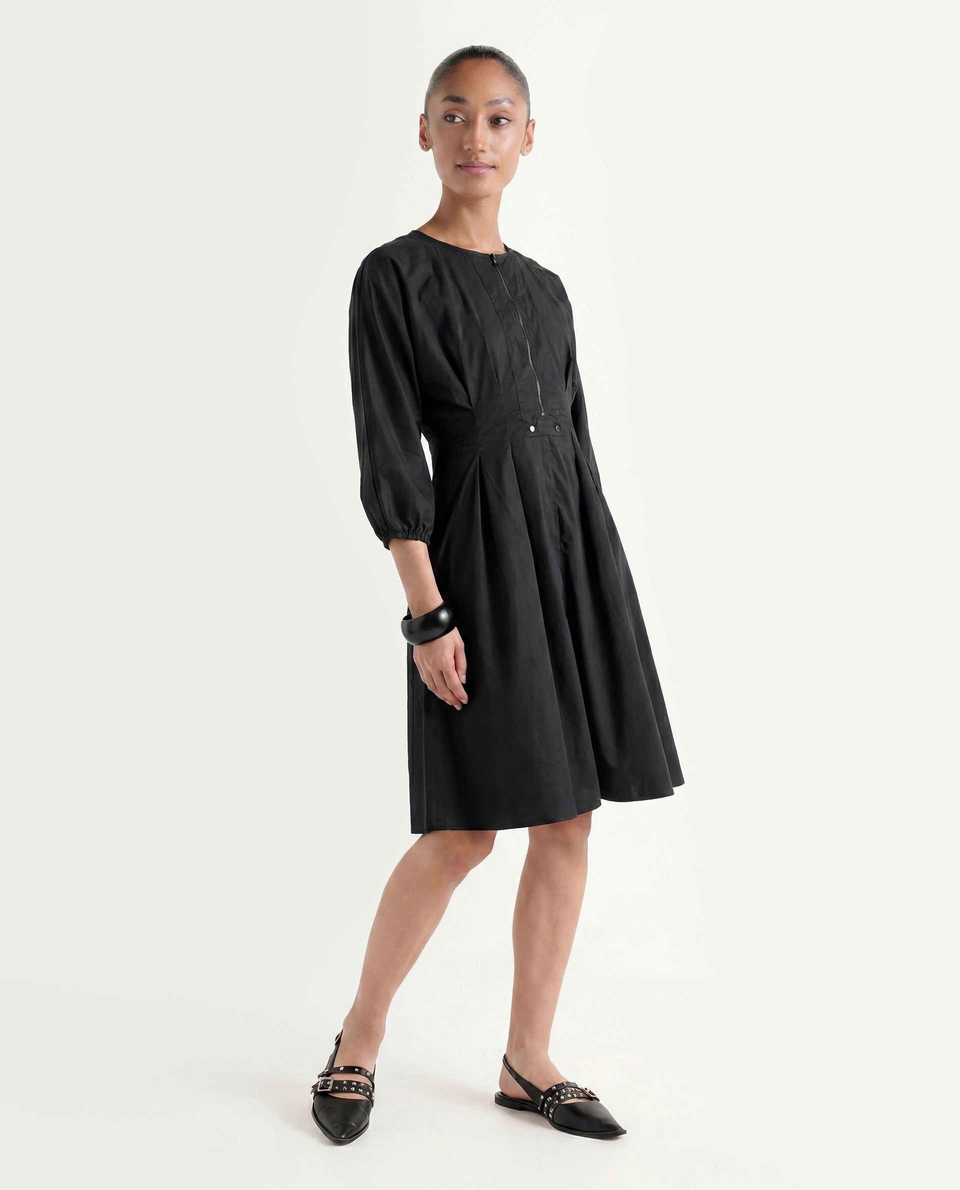 Rareism Women's Mayem Black Cotton Crew Neck Plain Volume Sleeve Knee Length Fit And Flare Dress
