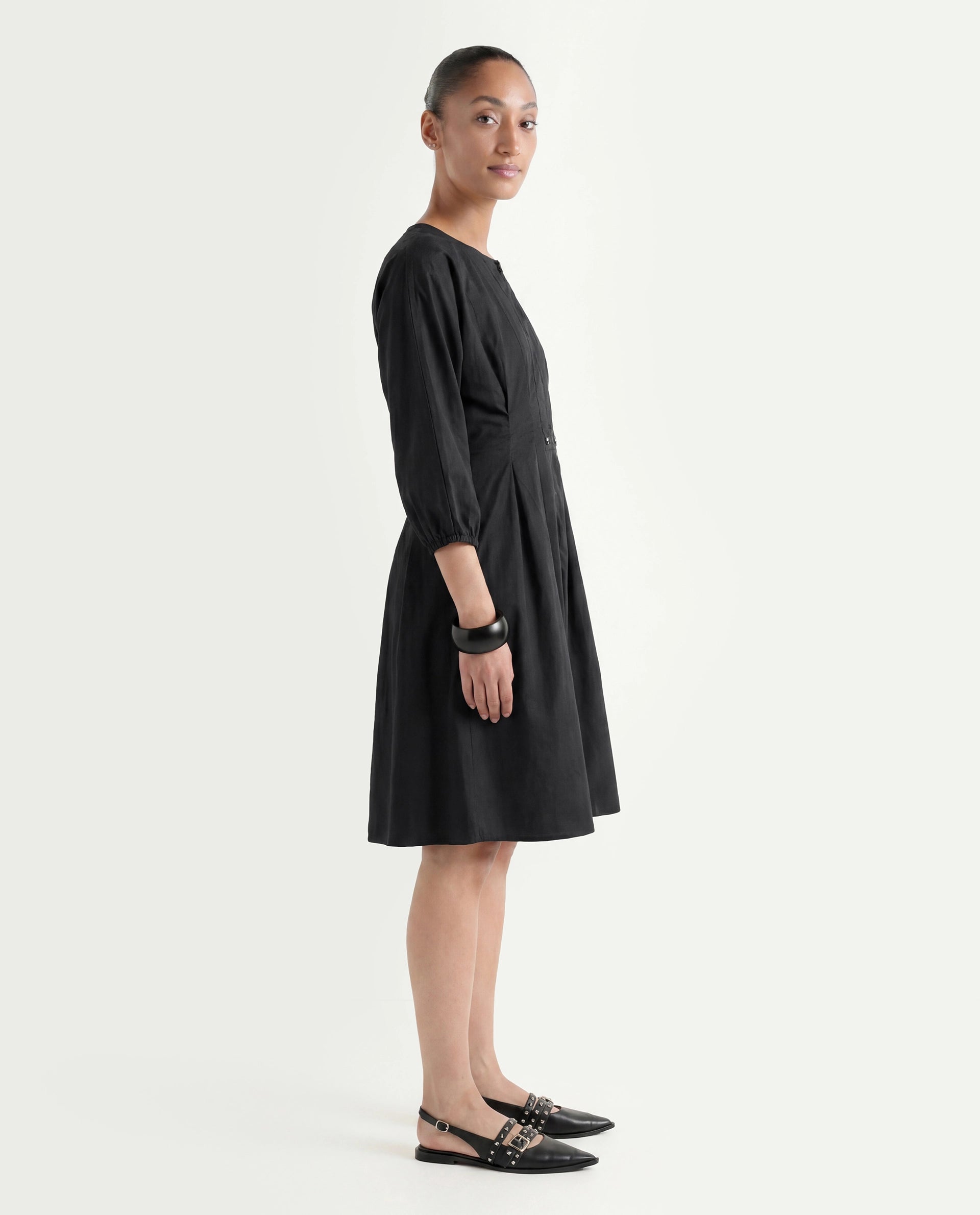Rareism Women's Mayem Black Cotton Crew Neck Plain Volume Sleeve Knee Length Fit And Flare Dress