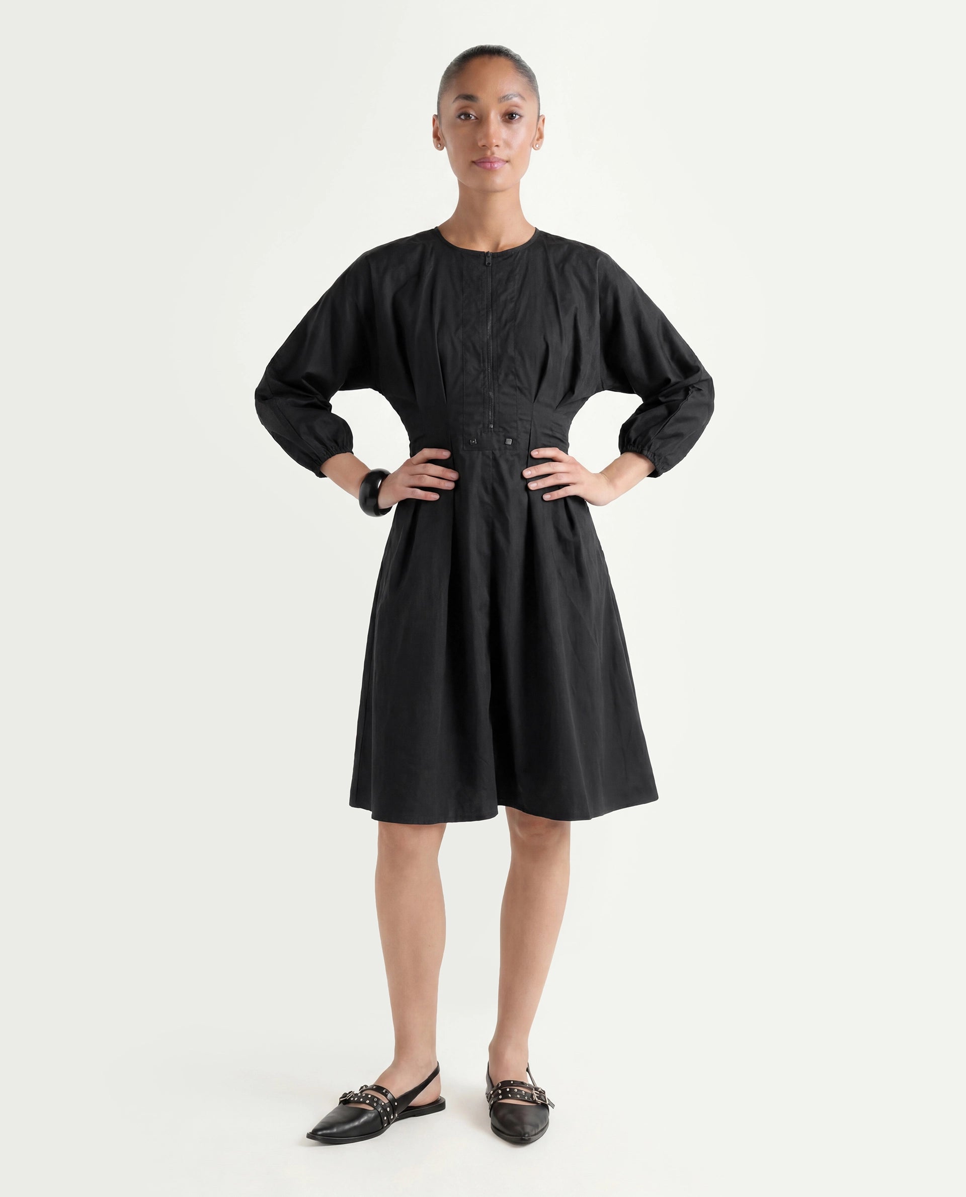 Rareism Women's Mayem Black Cotton Crew Neck Plain Volume Sleeve Knee Length Fit And Flare Dress