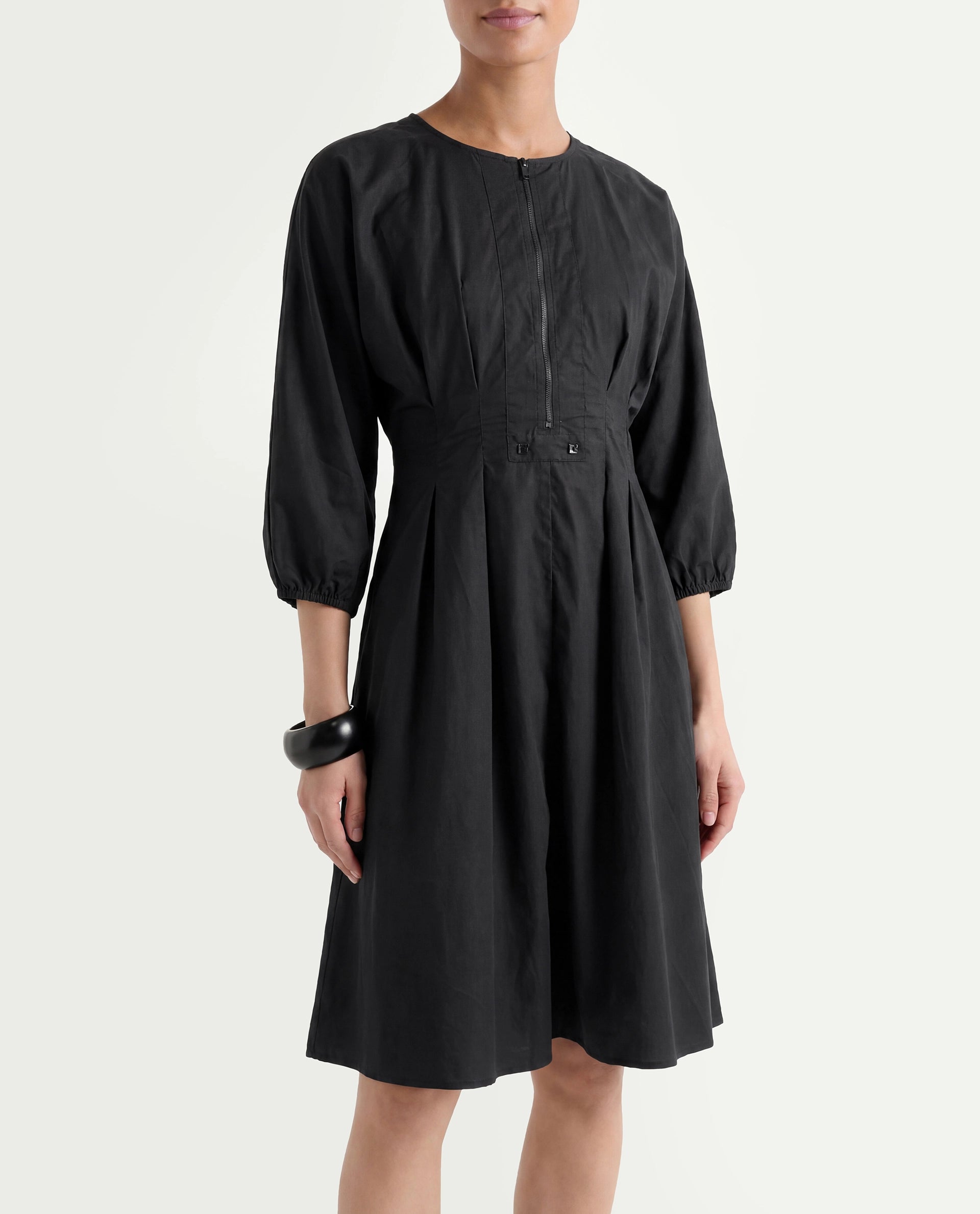 Rareism Women's Mayem Black Cotton Crew Neck Plain Volume Sleeve Knee Length Fit And Flare Dress
