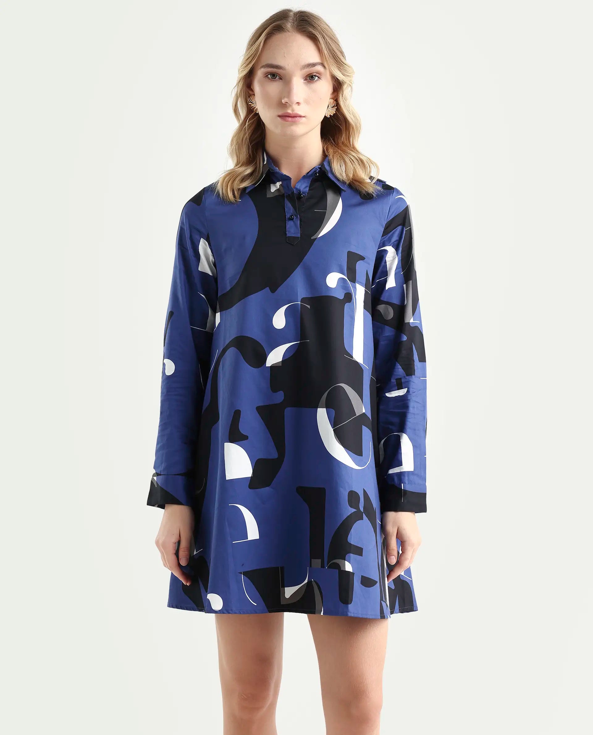 Rareism Women's Macie Blue Cotton Mandarin Collar Graphic Print Knee Length Regular Fit Dress