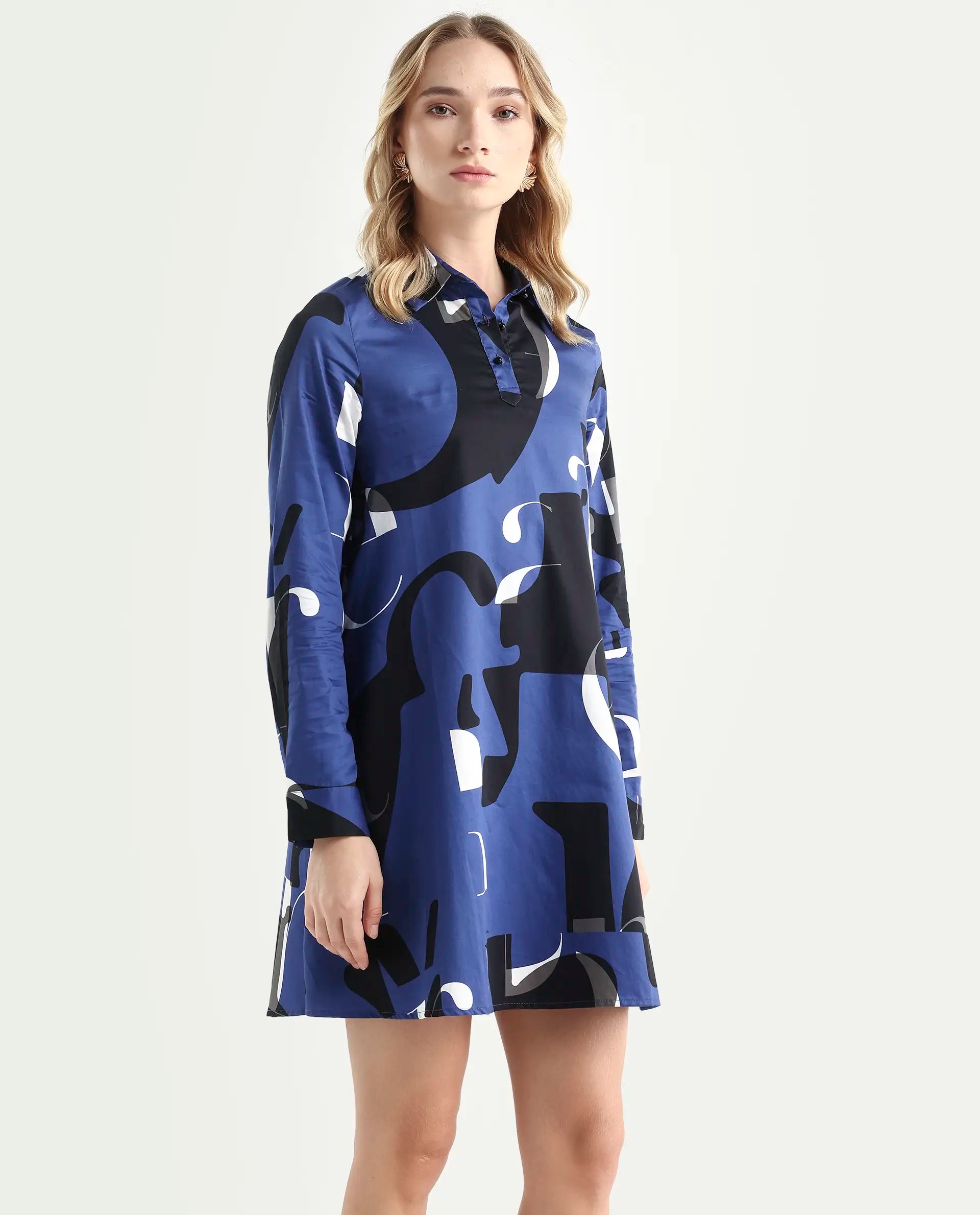 Rareism Women's Macie Blue Cotton Mandarin Collar Graphic Print Knee Length Regular Fit Dress