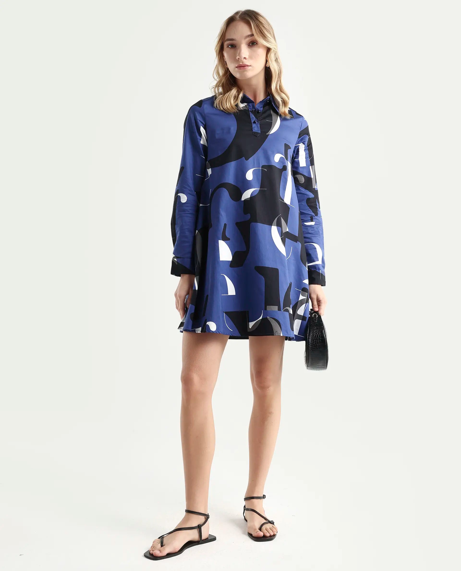 Rareism Women's Macie Blue Cotton Mandarin Collar Graphic Print Knee Length Regular Fit Dress