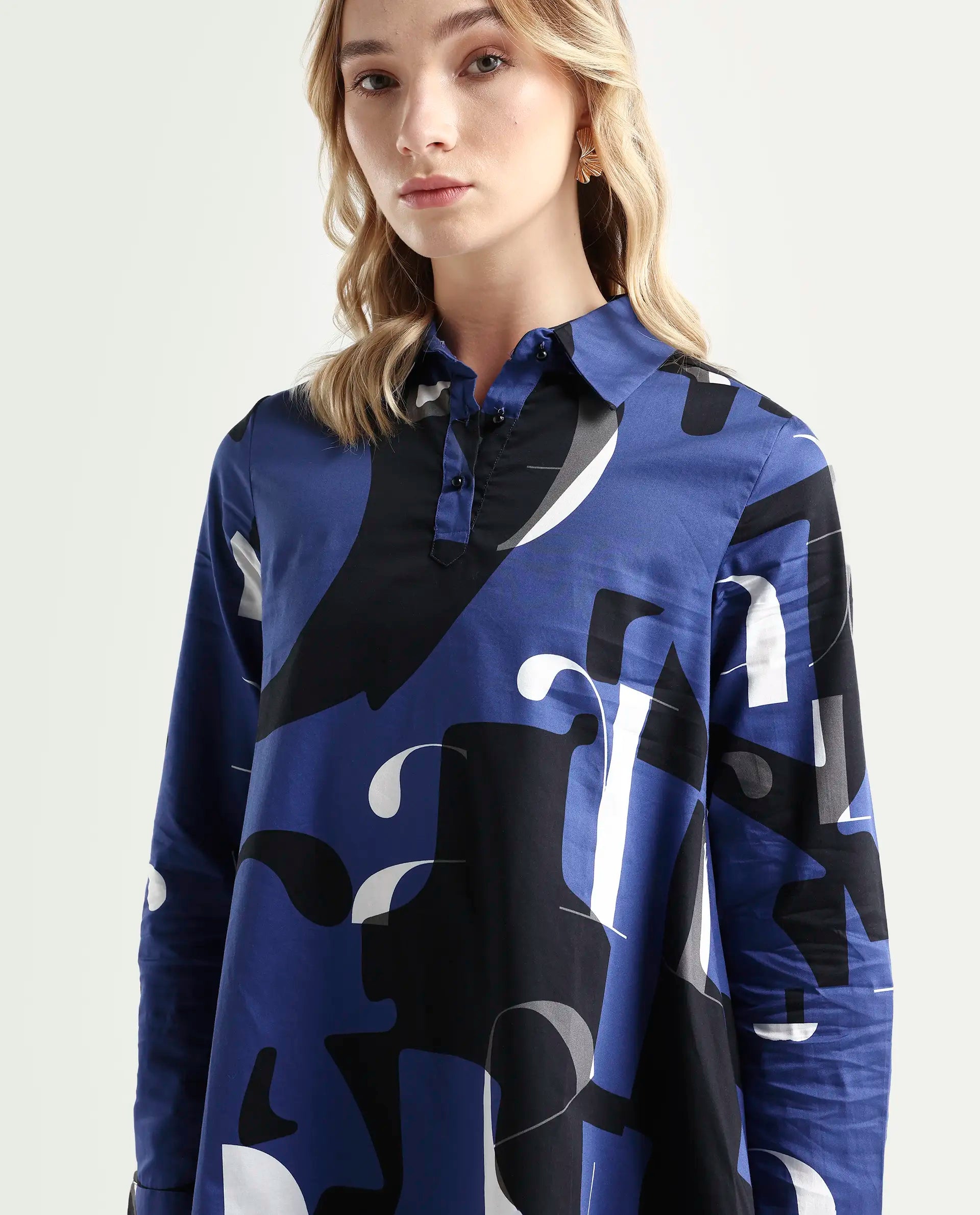 Rareism Women's Macie Blue Cotton Mandarin Collar Graphic Print Knee Length Regular Fit Dress