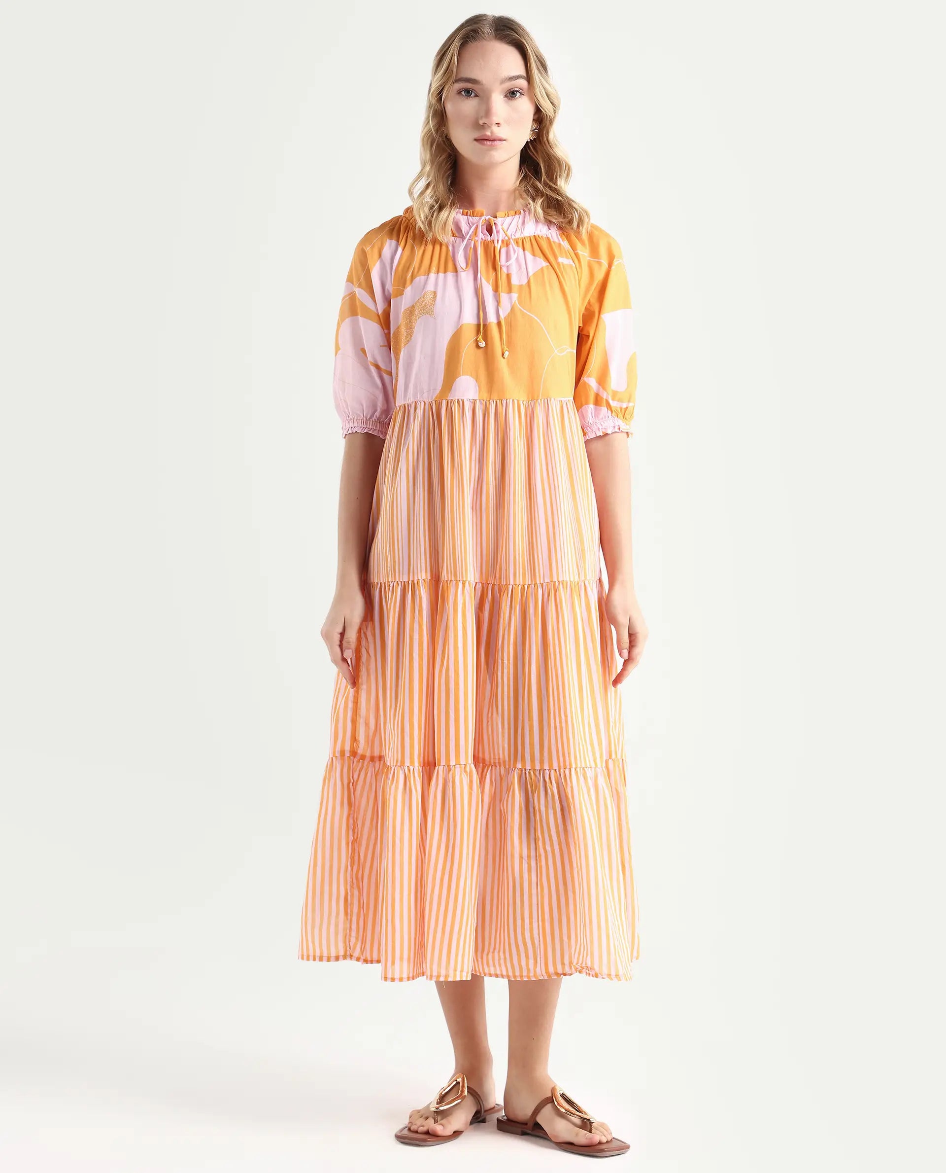 Rareism Women's Leviosa Mustard Cotton Tie-Up Neck Abstract Print Puff Sleeves Knee Length Regular Fit Dress