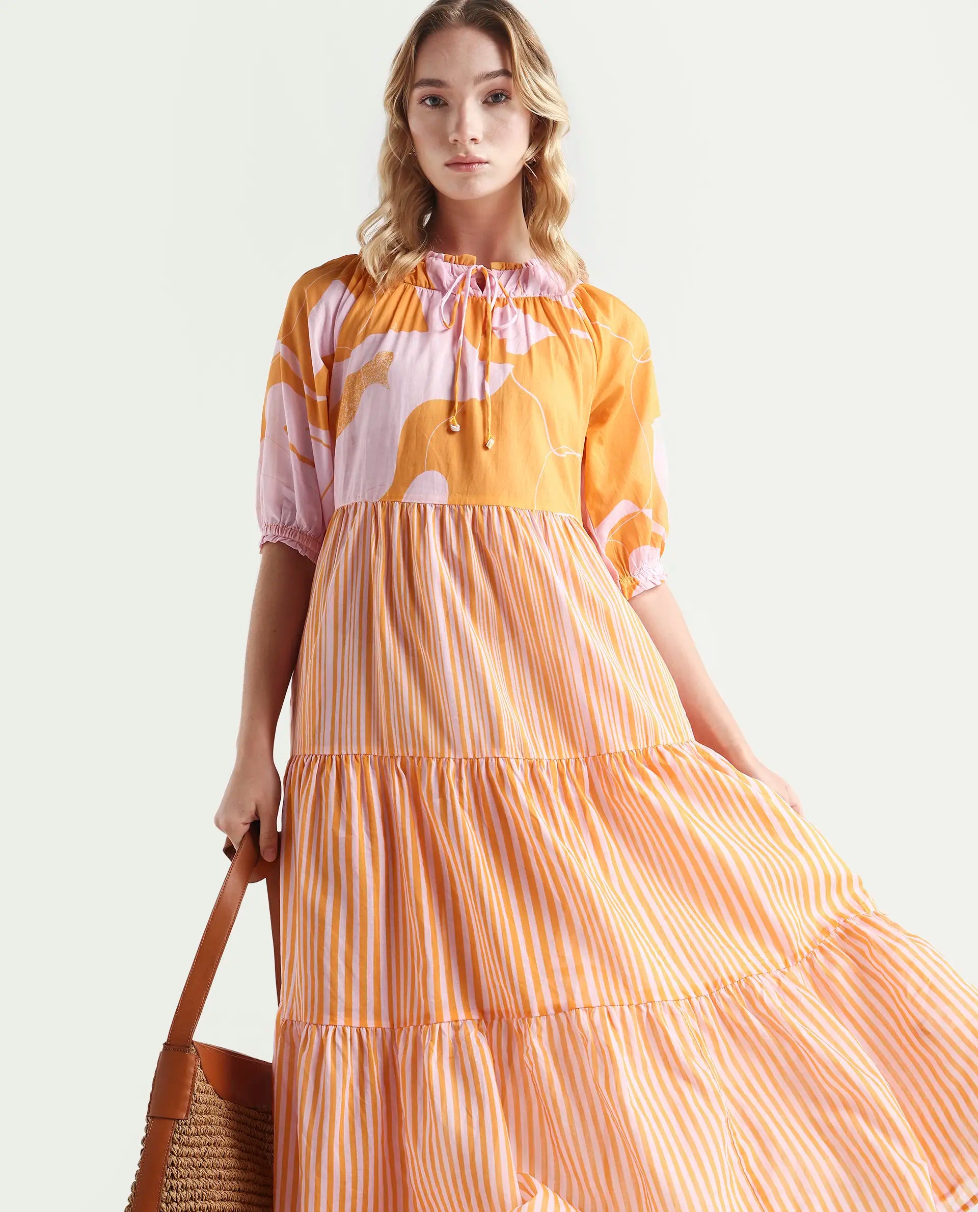 Rareism Women's Leviosa Mustard Cotton Tie-Up Neck Abstract Print Puff Sleeves Knee Length Regular Fit Dress