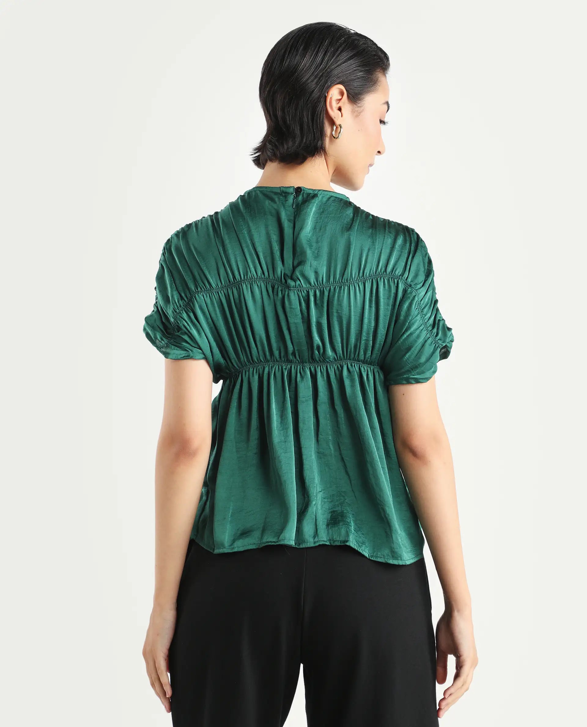 Rareism Women's Larissa Olive Polyester Boat Neck Plain Extended Sleeves Regular Fit Top