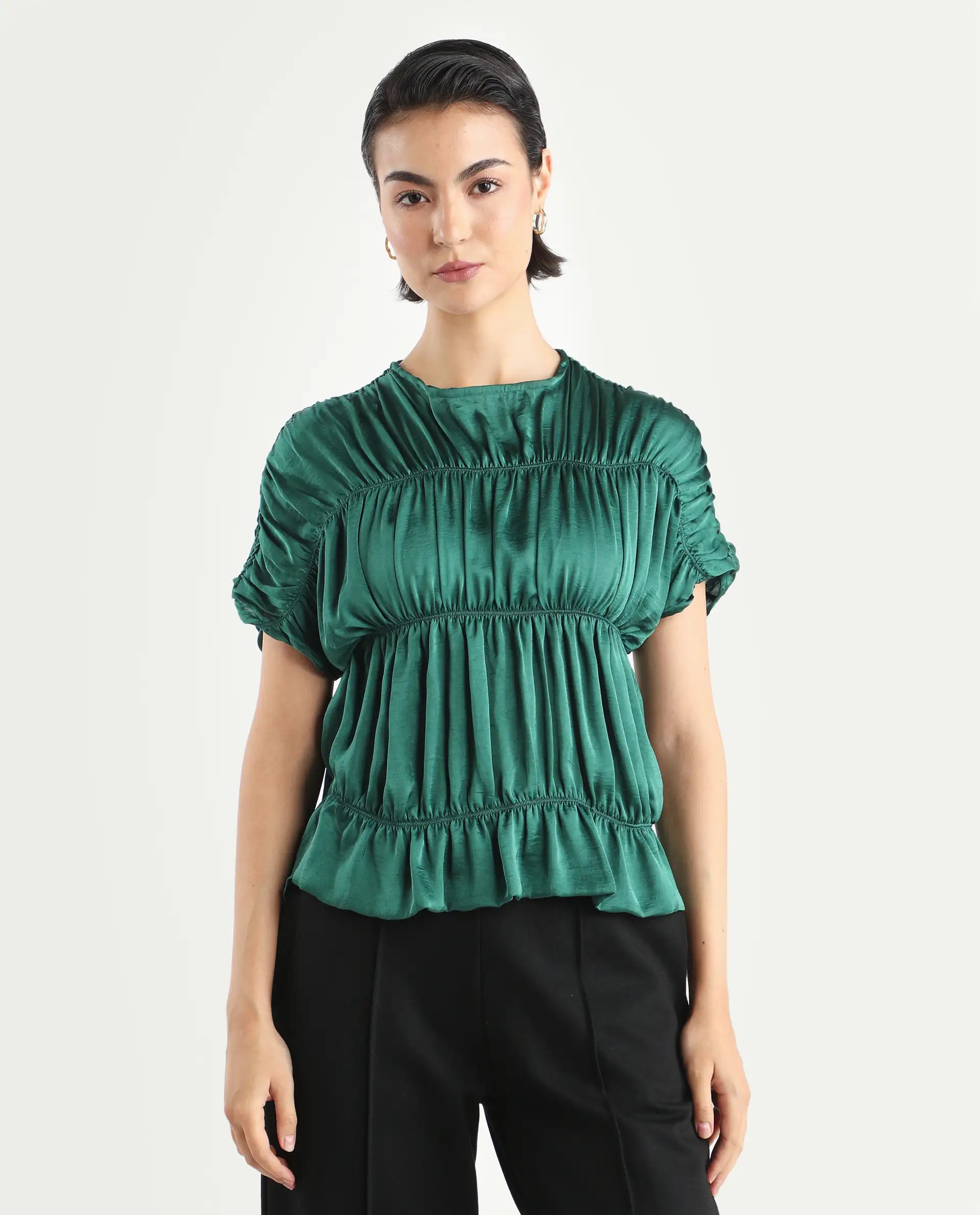 Rareism Women's Larissa Olive Polyester Boat Neck Plain Extended Sleeves Regular Fit Top