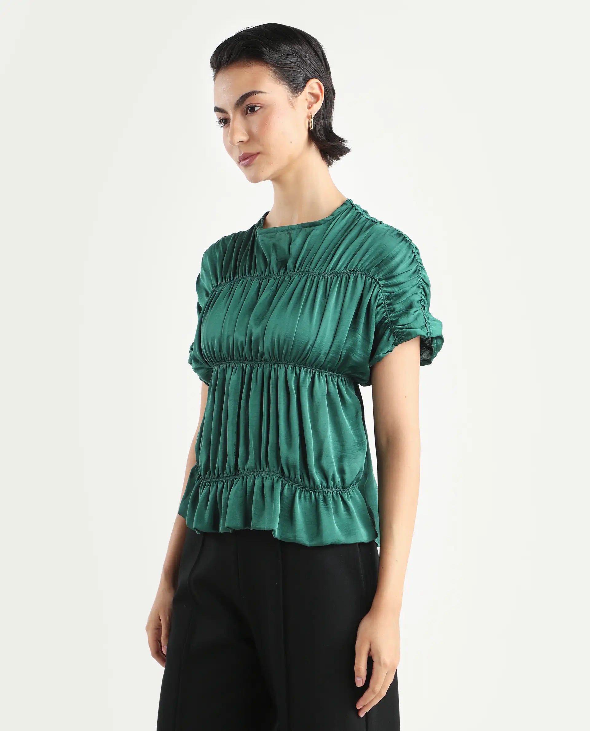 Rareism Women's Larissa Olive Polyester Boat Neck Plain Extended Sleeves Regular Fit Top