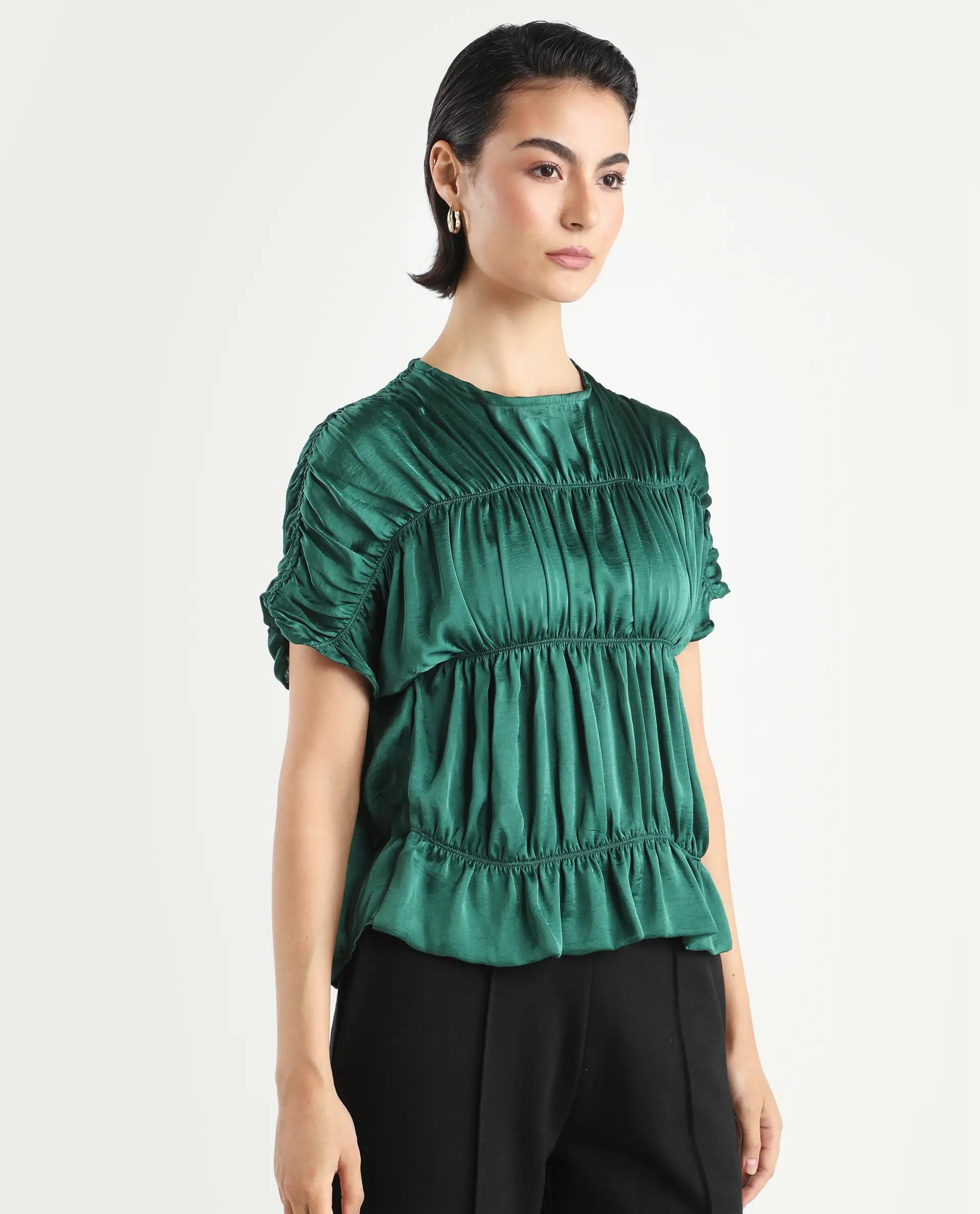 Rareism Women's Larissa Olive Polyester Boat Neck Plain Extended Sleeves Regular Fit Top