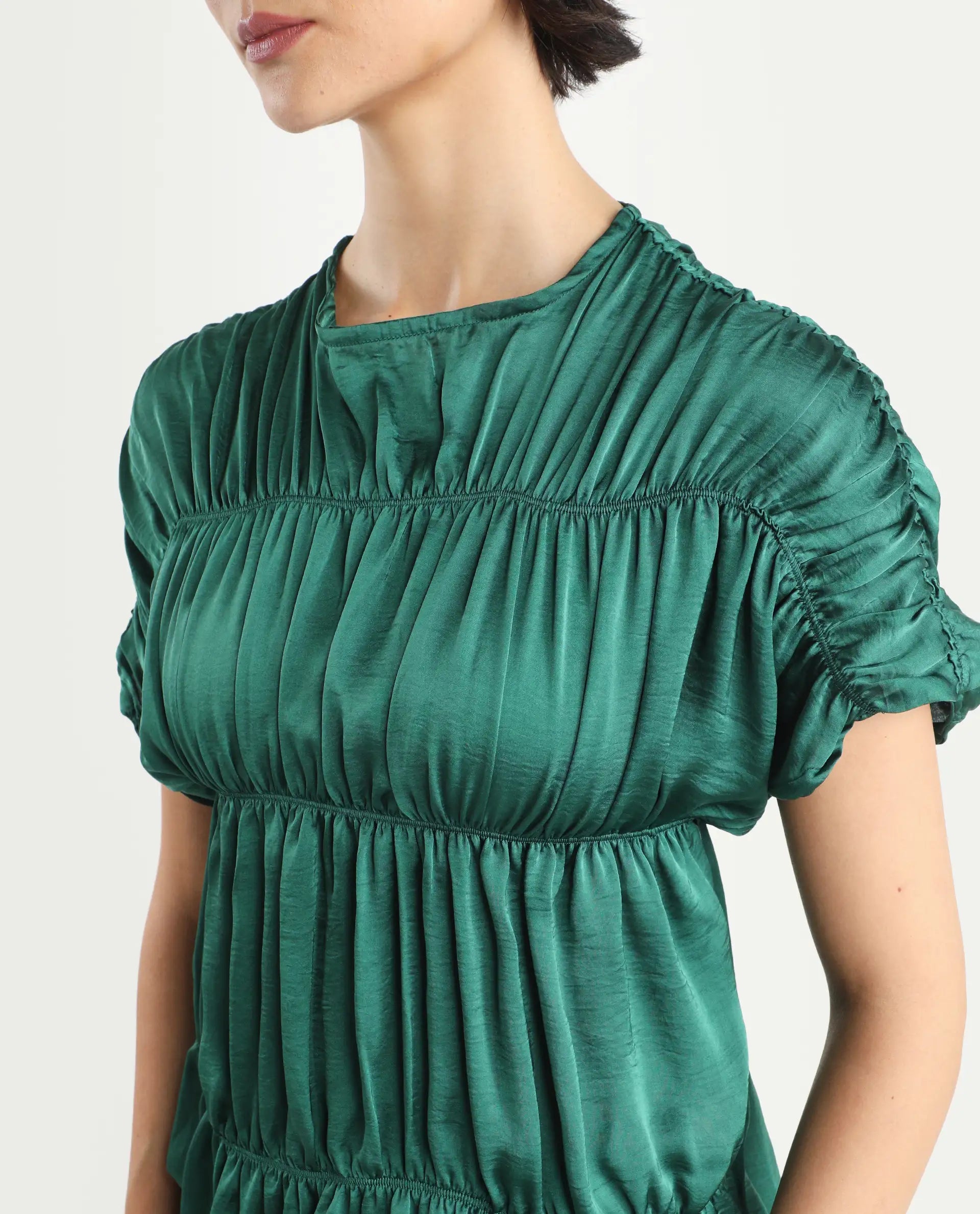 Rareism Women's Larissa Olive Polyester Boat Neck Plain Extended Sleeves Regular Fit Top