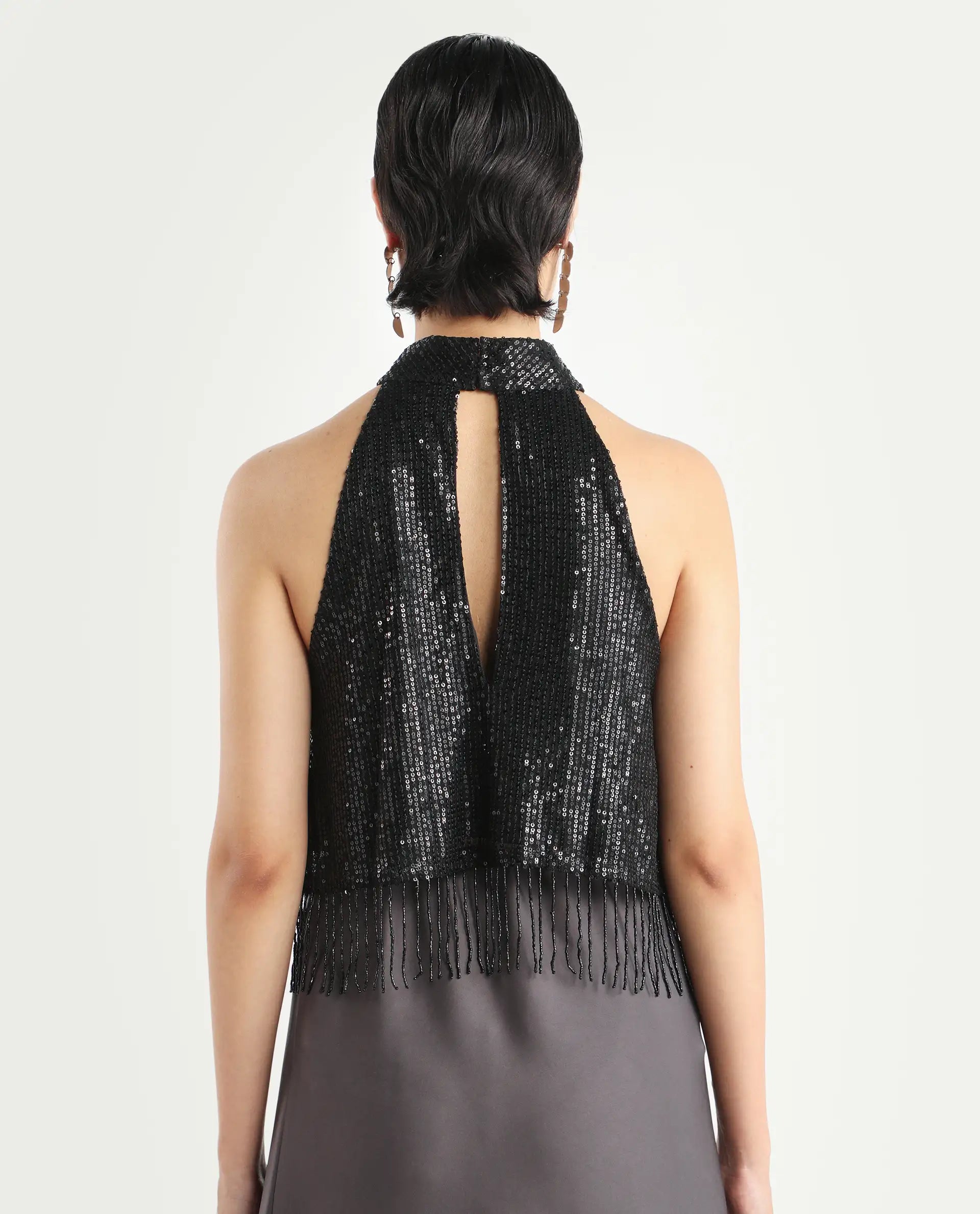 Rareism Women's Lovia Black Nylon Halter Neck Sequined Sleeveless Regular Fit Top