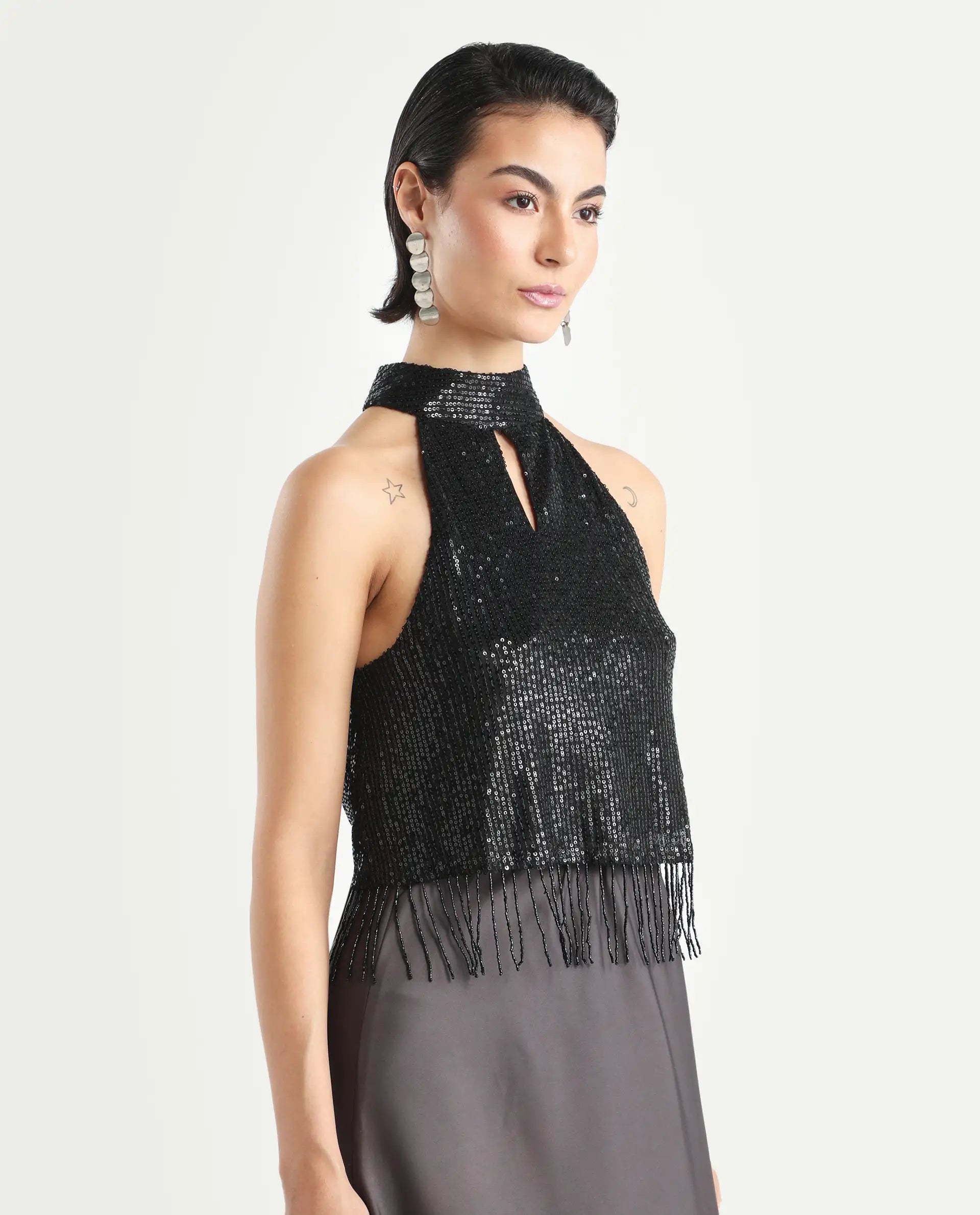 Rareism Women's Lovia Black Nylon Halter Neck Sequined Sleeveless Regular Fit Top